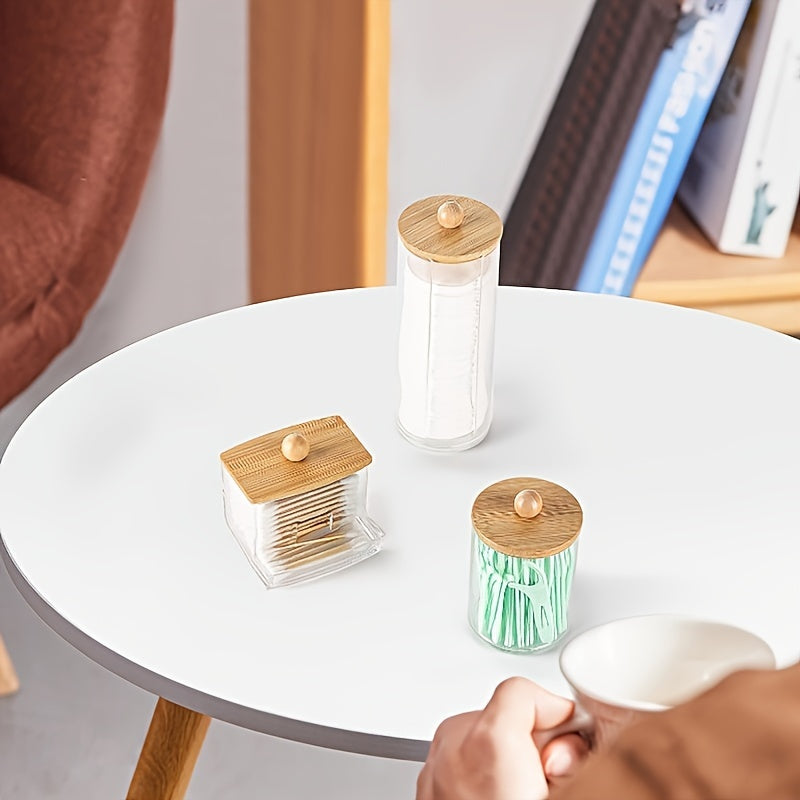 3pcs Cotton Swab Holder, Bathroom Dispenser Storage Box For Cotton Ball, Cotton Swab, Cotton Round Pads And Floss Picks, Clear Storage Canister With Bamboo Lid, Home Organization And Storage Supplies