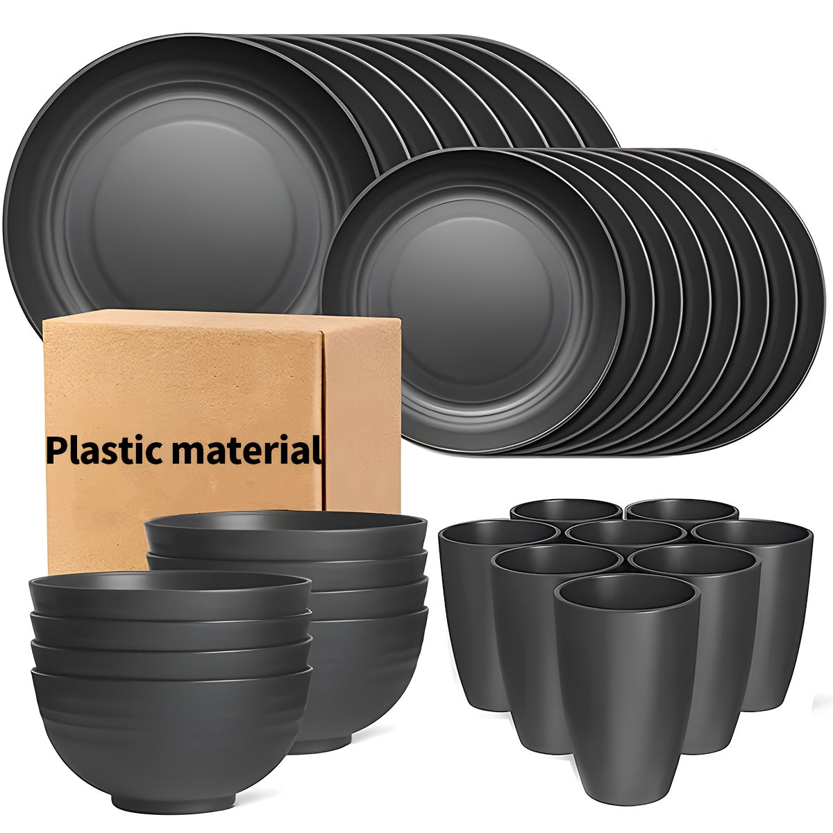 4/16/32pcs, Dinnerware Set, Matte Black Plastic Kitchen Dining Set, Includes 8 Dinner Plates, 8 Dessert Plates, 8 Bowls, 8 Cups Reusable, BPA-Free, For Home And Restaurant Use