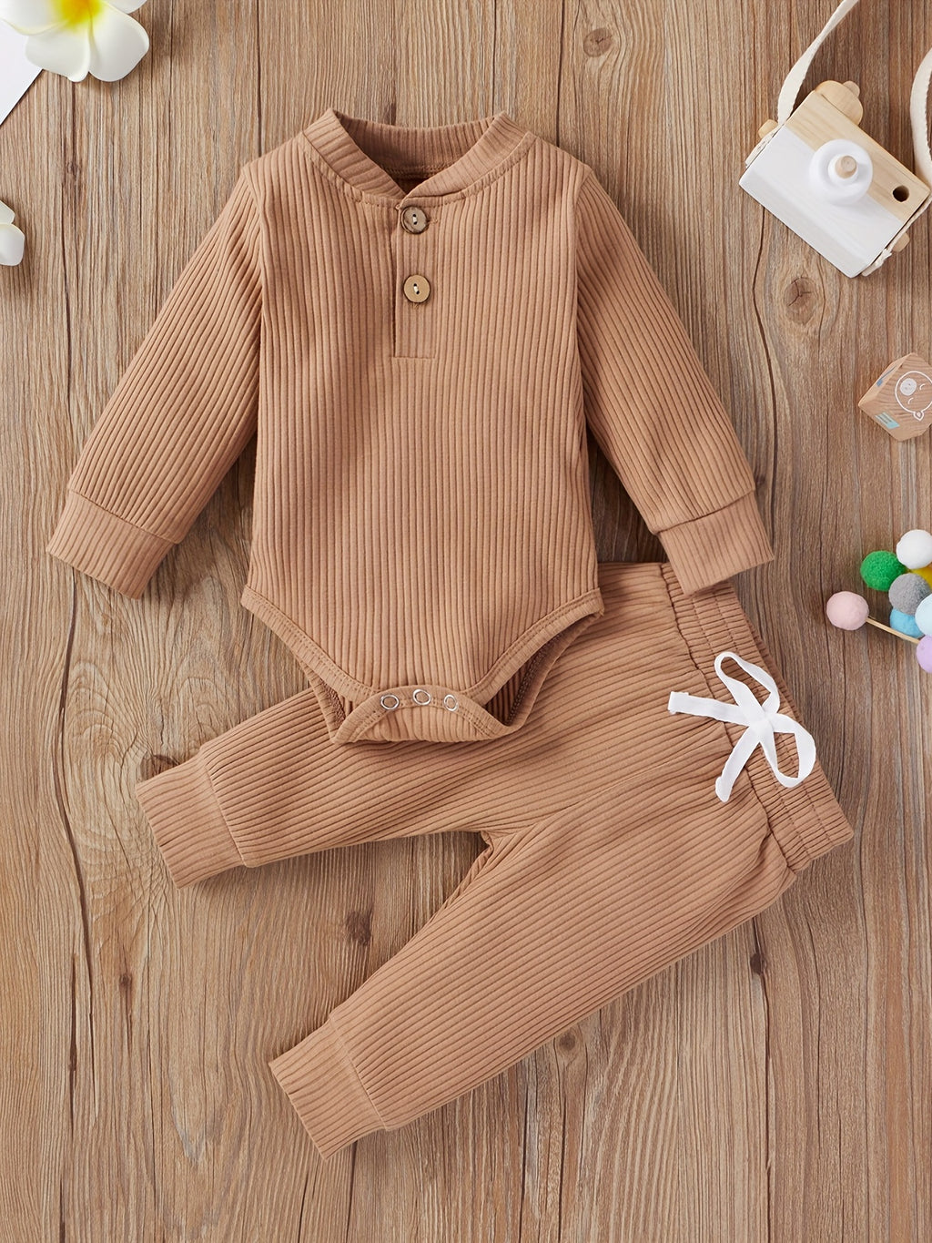 2pcs Baby Infant Boys And Girls Casual Plain Color Long Sleeve Onesie & Pants Set Clothes For Your Little One, Outdoor Cloth
