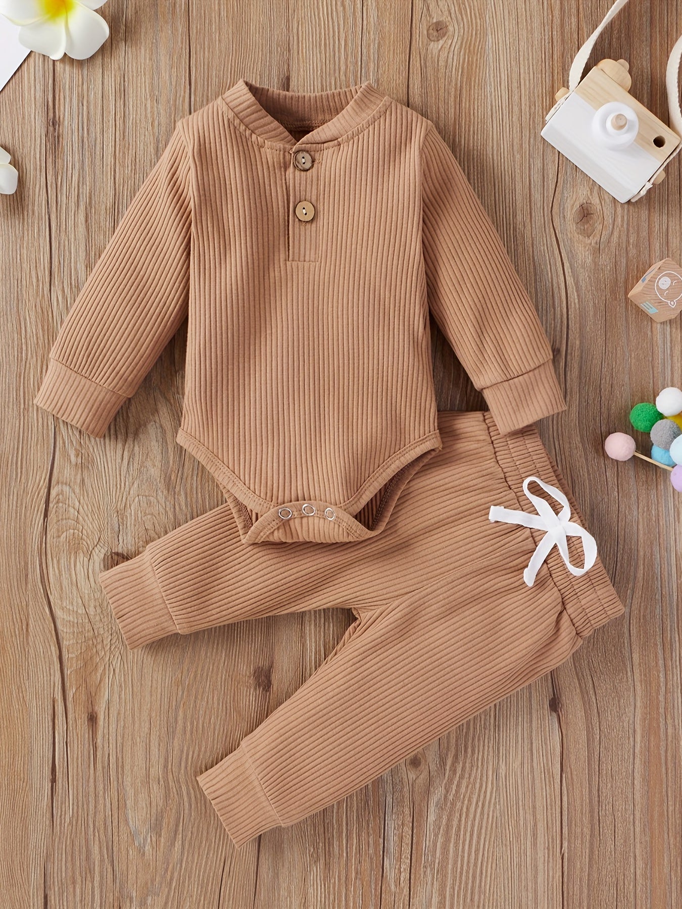 2pcs Baby Infant Boys And Girls Casual Plain Color Long Sleeve Onesie & Pants Set Clothes For Your Little One, Outdoor Cloth