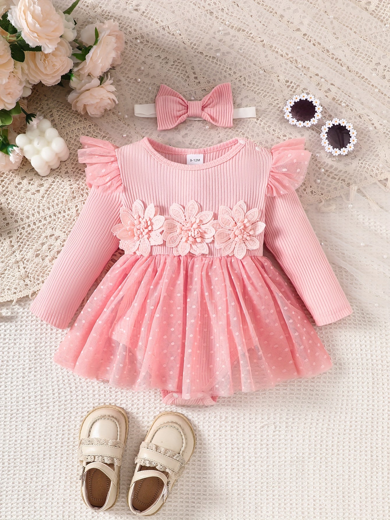 Infant Girls' Spring/Autumn Cotton Ribbed Tulle Dress with 3D Floral Appliques, Sweet Style, Solid Color, Slim Fit, Knit Fabric, with Matching Headband - Baby Outfit, For Outdoor