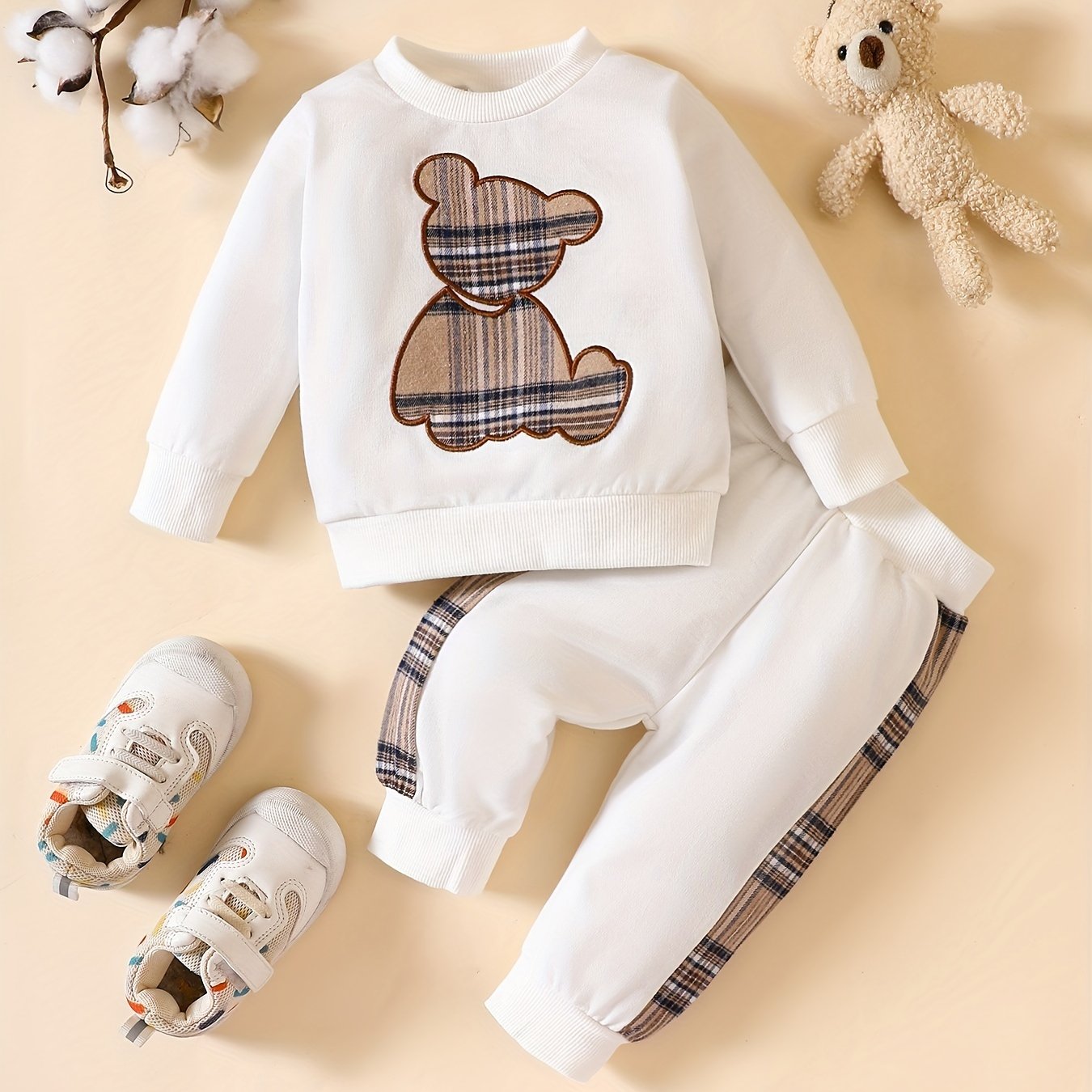 Popular Baby Plaid Bear Embroidery Set - Sweatshirt Tops Pants