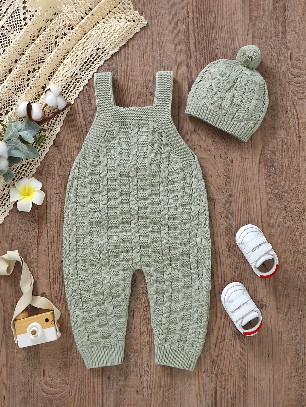 Infant Baby Wool Knitted Suspender Jumpsuit, Long Legs Climbing Suit With Hat Set Without Lining