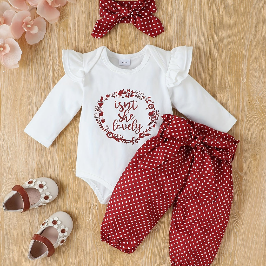 2pcs Baby Girl's Stylish Set, "Isn't She Lovely" Print Long Sleeve Onesie + Polka Dot Pants, Comfy Trendy Outfit Outdoor Clothing