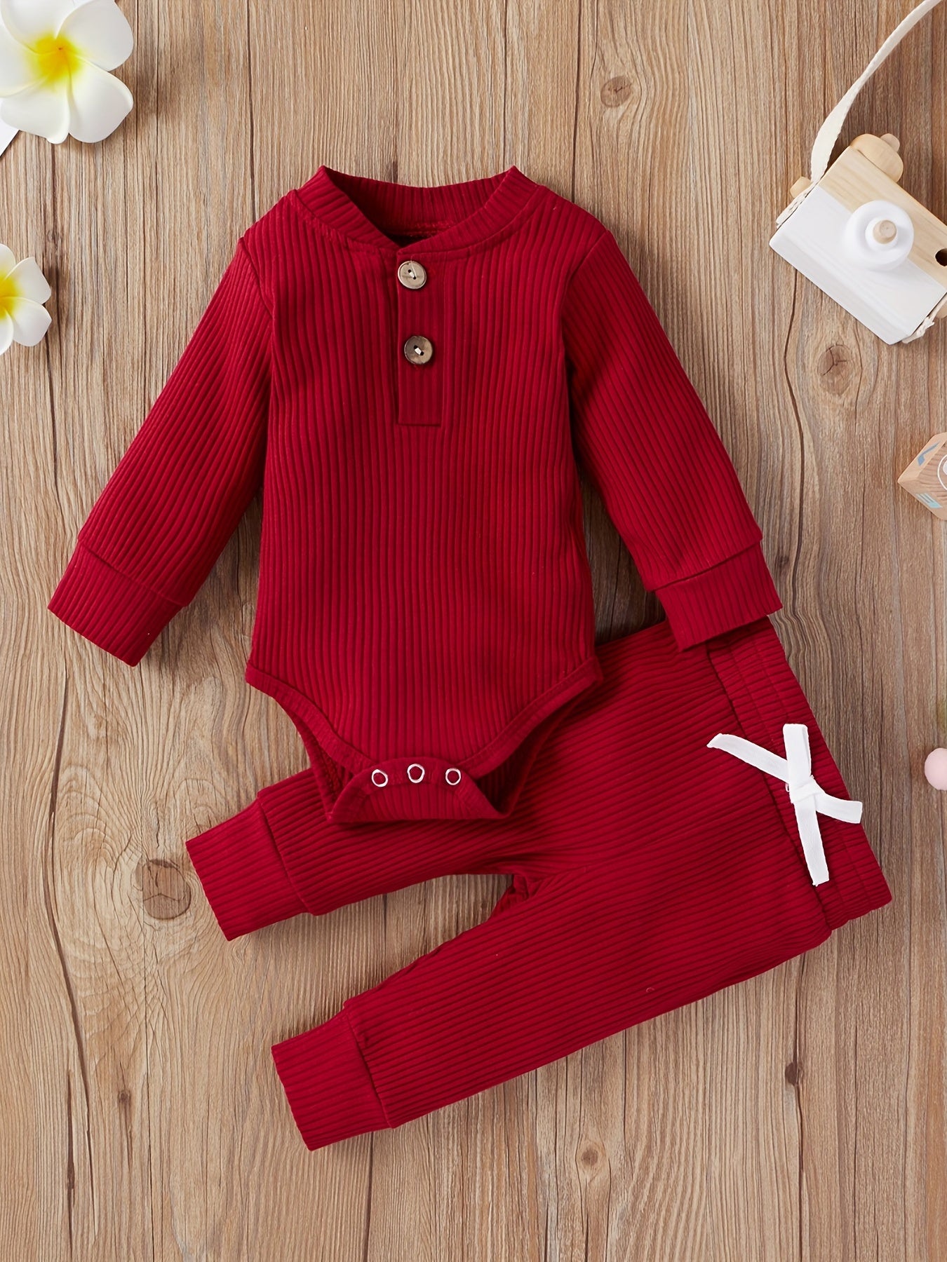 2pcs Baby Infant Boys And Girls Casual Plain Color Long Sleeve Onesie & Pants Set Clothes For Your Little One, Outdoor Cloth