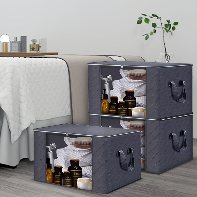 Large Capacity 3-Pack Foldable Grey Woven Fabric Storage Bins - Ideal for Home, Bedroom, Dorm, Spa Wardrobes - No Electricity Needed