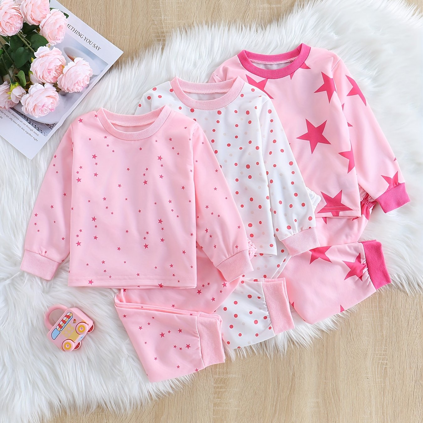 3 Sets Baby Girl's Pink Series Star Pattern Long Sleeve Top & Trousers Pajama Set, Comfy & Skin-friendly PJ Set, Baby Girl's Loungewear, As Daily Gift