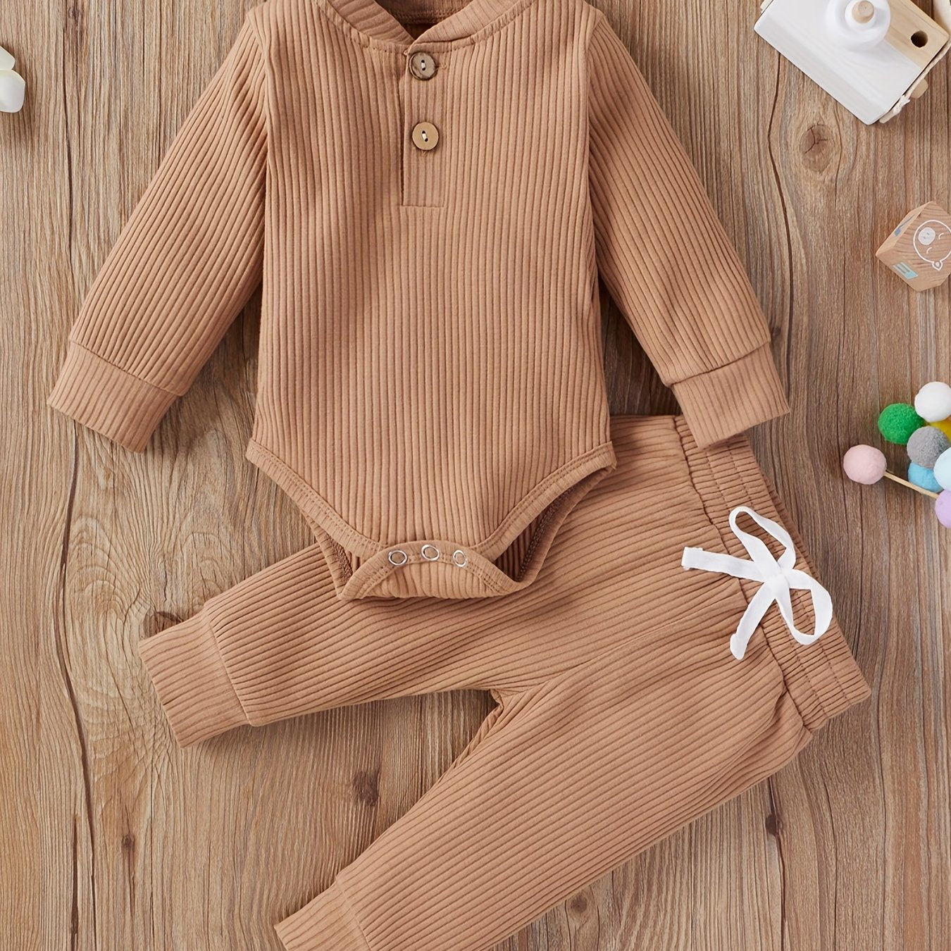 2pcs Baby Infant Boys And Girls Casual Plain Color Long Sleeve Onesie & Pants Set Clothes For Your Little One, Outdoor Cloth
