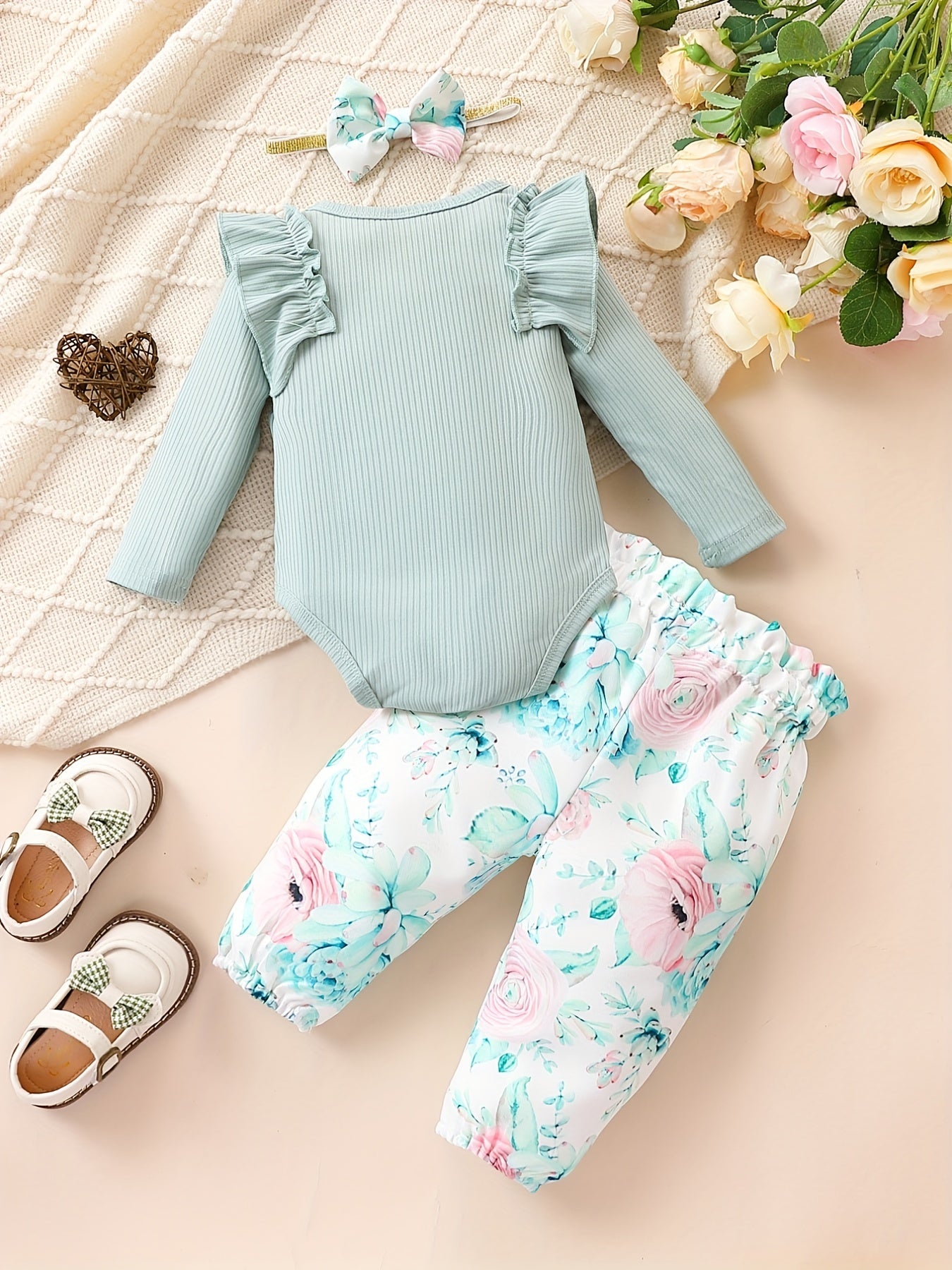 Cute Baby 3pcs Outfits - Floral/leopard Pants & Ruffle Long Sleeve Infant Romper & Headband Set Outdoor Set