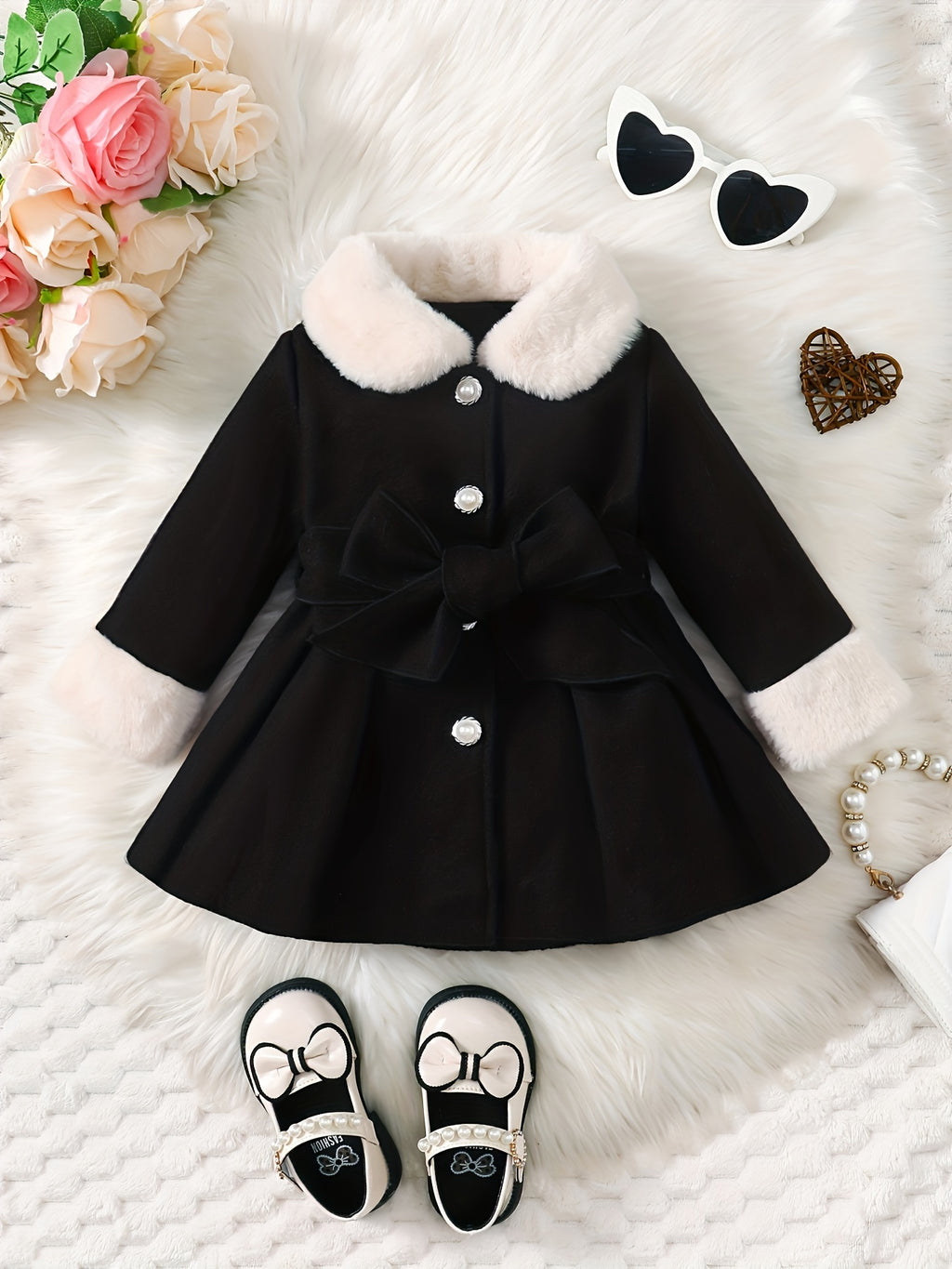 Baby's Elegant Fuzzy Collar Belted Coat, Button Front Warm Overcoat, Baby Girl's Clothing For Fall Winter Outdoor