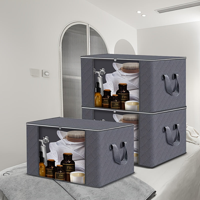 Large Capacity 3-Pack Foldable Grey Woven Fabric Storage Bins - Ideal for Home, Bedroom, Dorm, Spa Wardrobes - No Electricity Needed