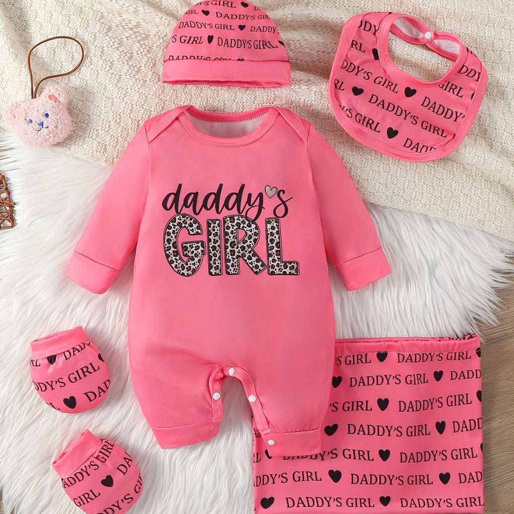 Baby Girl 6pcs Set with Cartoon Cute Letter Pink Clothes Leopard Print Bodysuit, Matching Hat, Pacifier, and Socks, Casual Jumpsuit, Adorable Pink Letter Leopard Pattern, Perfect for Fall/Winter, Baby Girl Clothes, Baby Girl