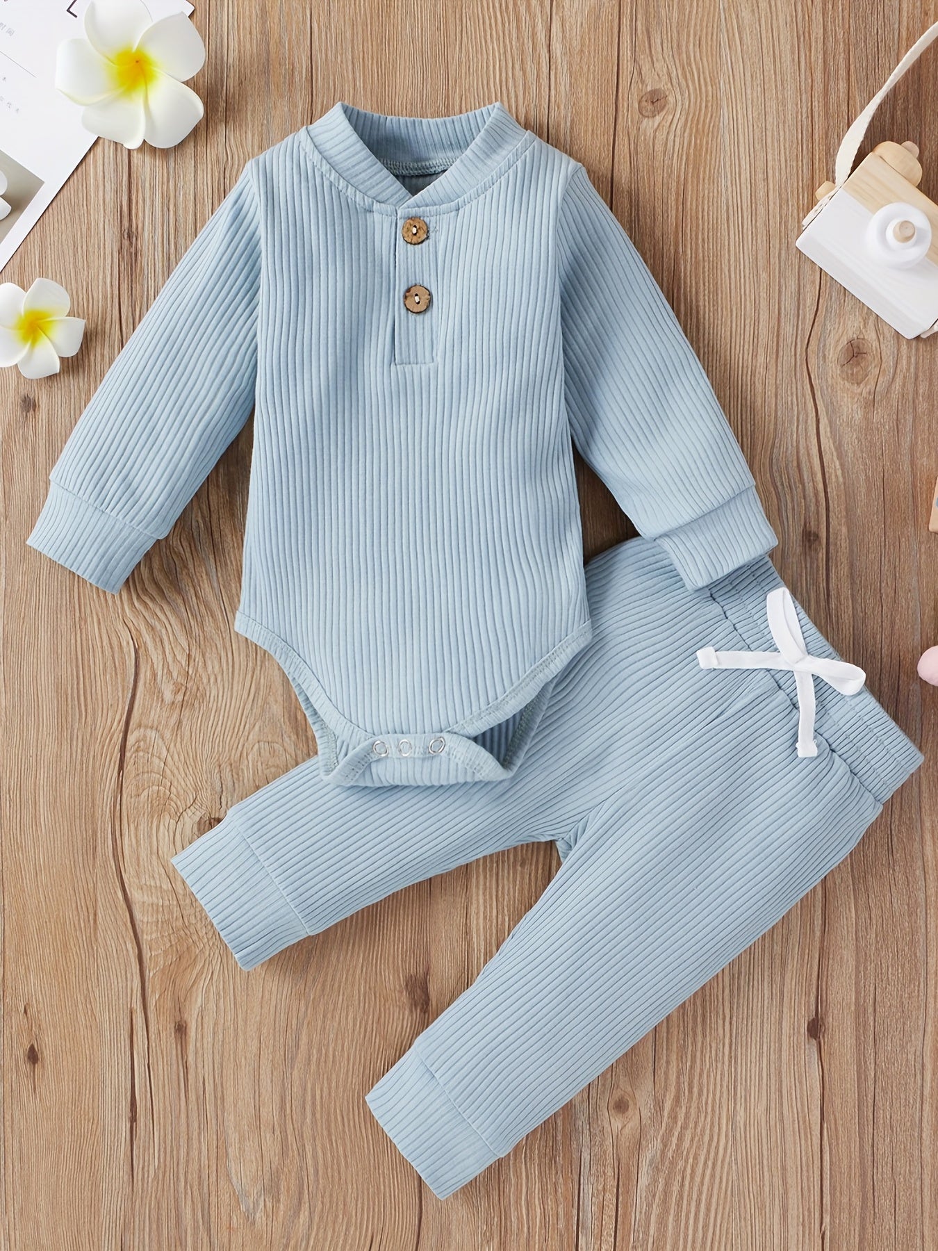 2pcs Baby Infant Boys And Girls Casual Plain Color Long Sleeve Onesie & Pants Set Clothes For Your Little One, Outdoor Cloth