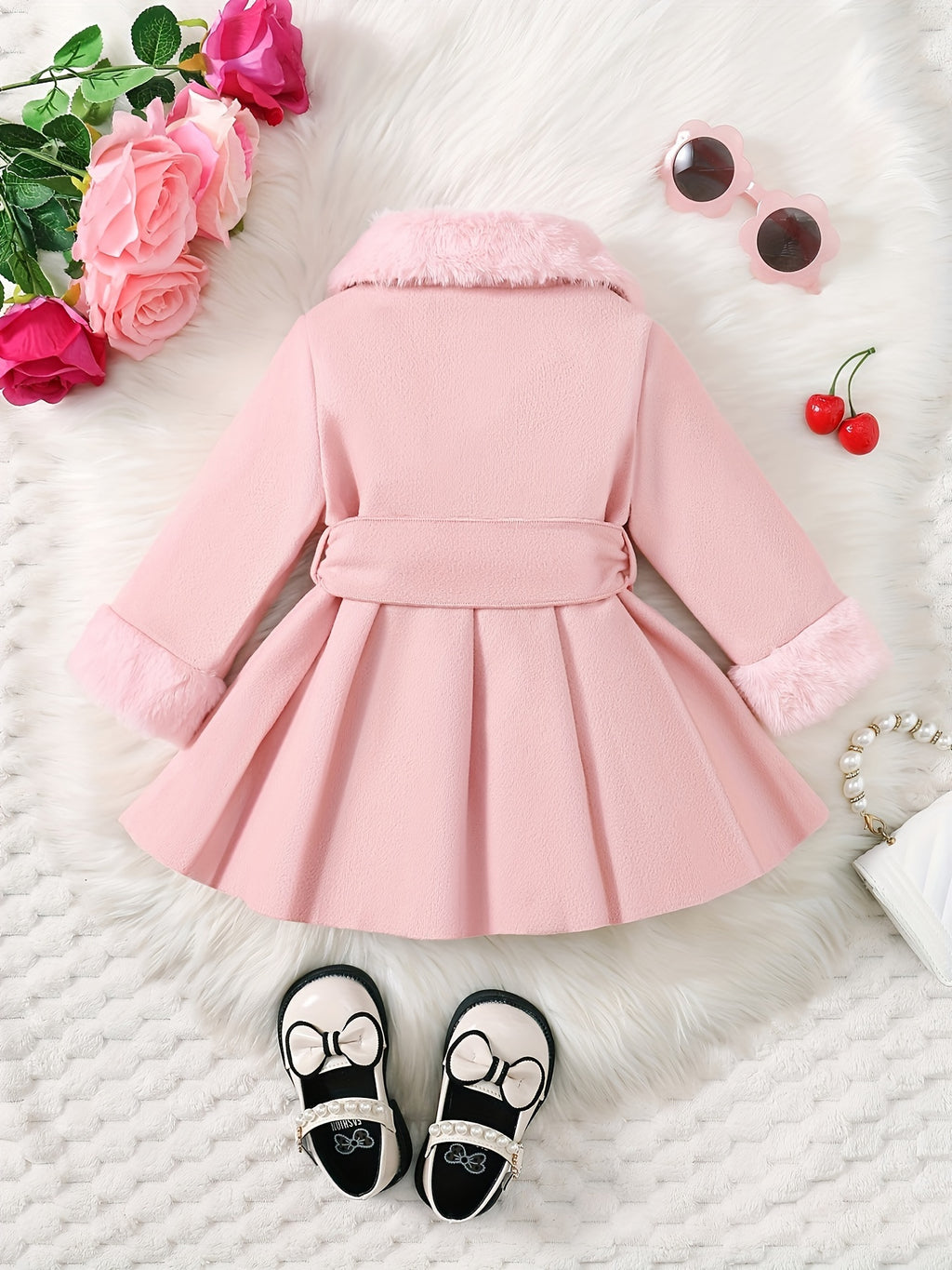 Baby's Elegant Fuzzy Collar Belted Coat, Button Front Warm Overcoat, Baby Girl's Clothing For Fall Winter Outdoor