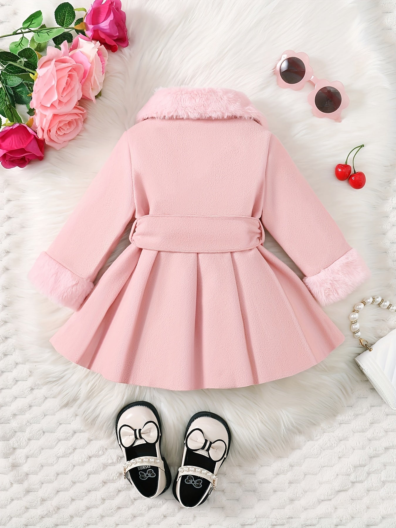 Baby's Elegant Fuzzy Collar Belted Coat, Button Front Warm Overcoat, Baby Girl's Clothing For Fall Winter Outdoor