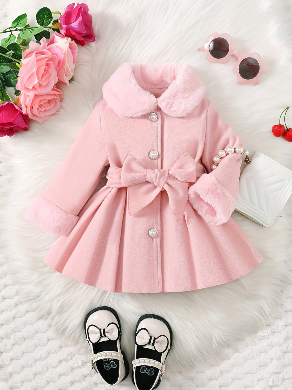 Baby's Elegant Fuzzy Collar Belted Coat, Button Front Warm Overcoat, Baby Girl's Clothing For Fall Winter Outdoor