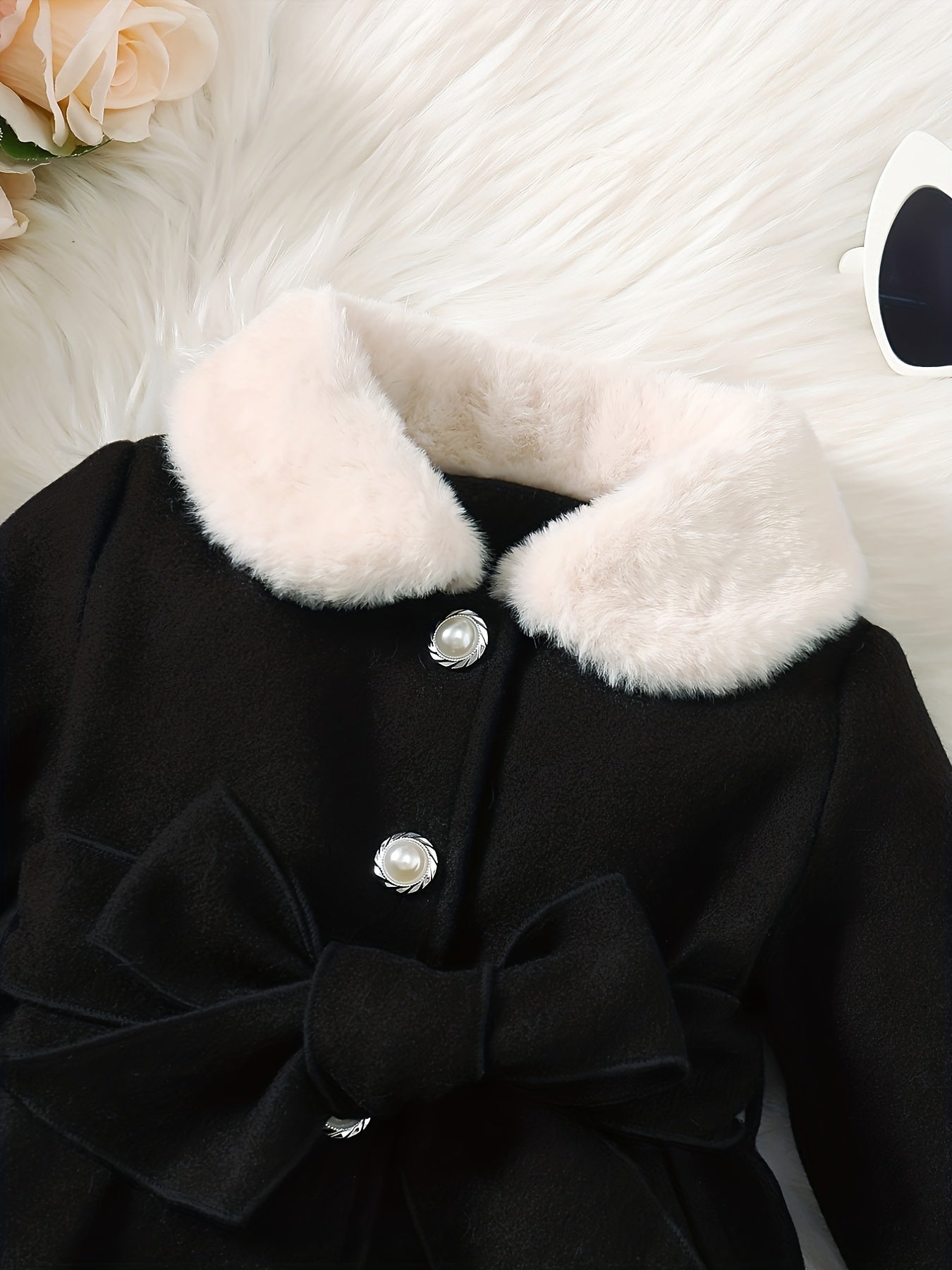 Baby's Elegant Fuzzy Collar Belted Coat, Button Front Warm Overcoat, Baby Girl's Clothing For Fall Winter Outdoor