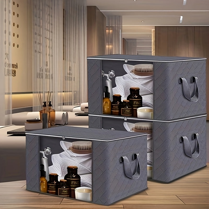 Large Capacity 3-Pack Foldable Grey Woven Fabric Storage Bins - Ideal for Home, Bedroom, Dorm, Spa Wardrobes - No Electricity Needed