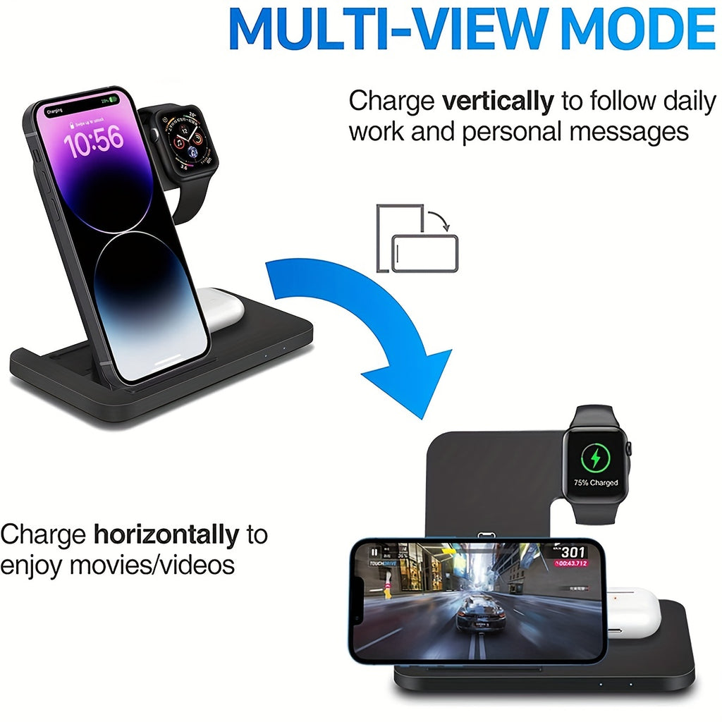 PDKUAI 3-in-1 Foldable Wireless Charging Stand for Smartphones & Watches - USB-Powered Travel-Friendly Design with Multiple Compartments, Compact & Stylish for Home & On-the-Go Use, Phone Charging Station, Modern Accessory, S
