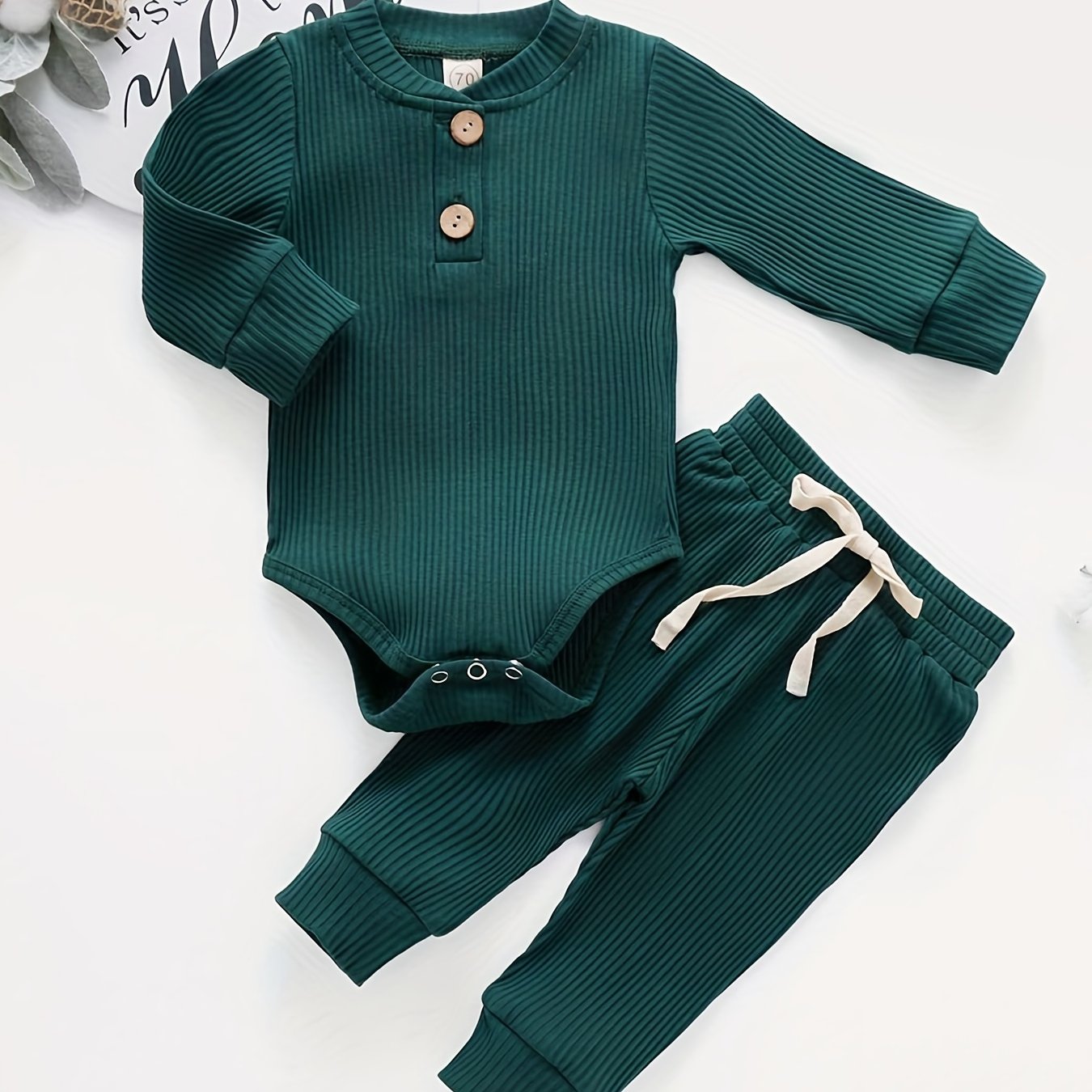 2pcs Baby Infant Boys And Girls Casual Plain Color Long Sleeve Onesie & Pants Set Clothes For Your Little One, Outdoor Cloth