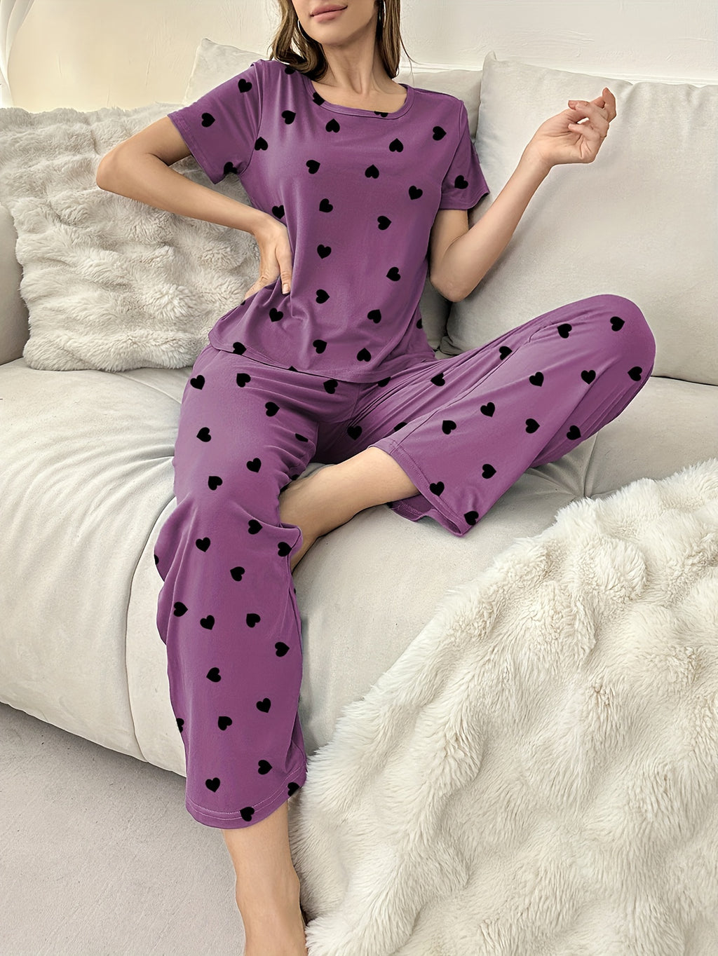 Women's Short Sleeve T-Shirt And Pants Pajama Set, Love Heart Print, Loungewear, Sleepwear, Casual Home Wear, Comfy Basic Style