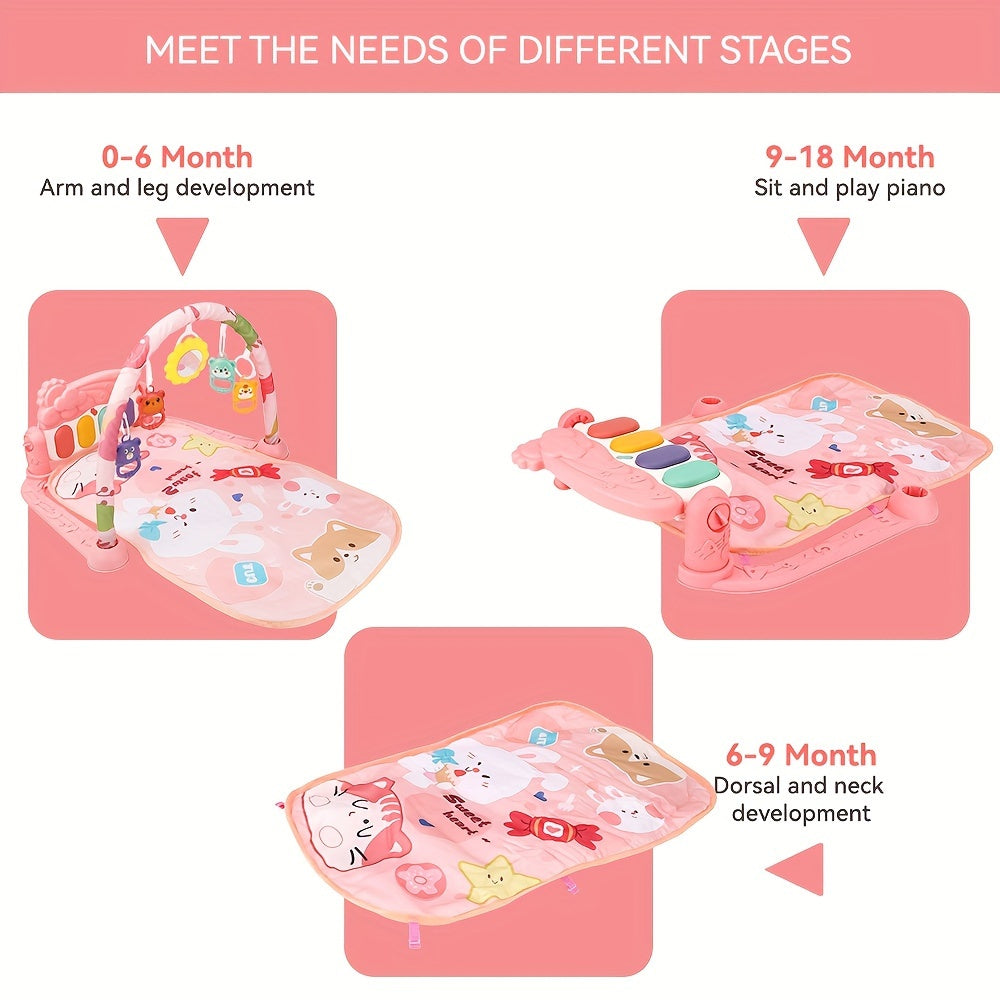 Multifunctional Baby Play Mat with Fitness Gym, Newborn Activity Playmat with Hanging Rattles, Music Box, Kick n Play Piano, Light-Up Keys, Animal & Space Theme, Non-Toxic Plastic, 0-3 Years