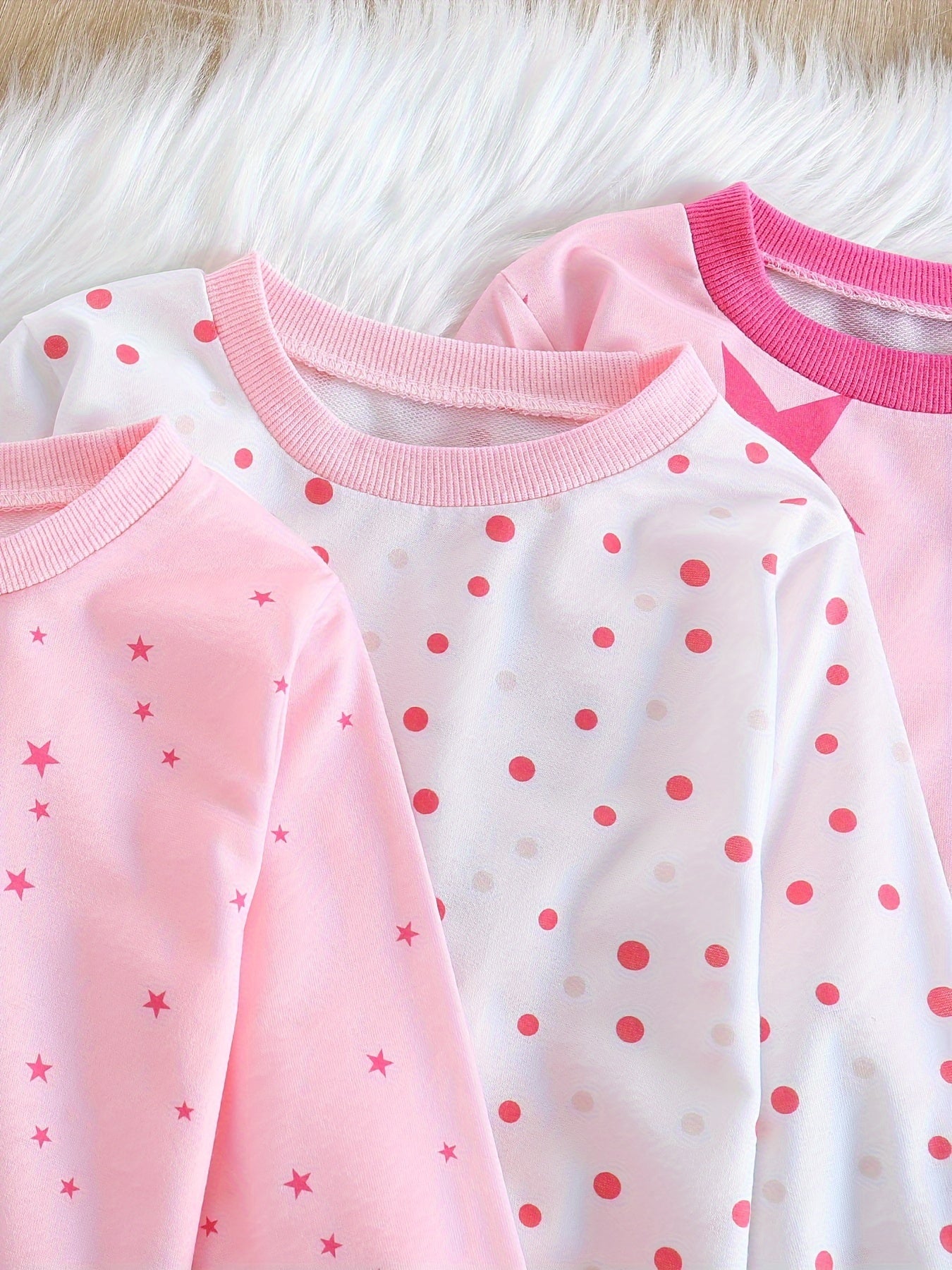 3 Sets Baby Girl's Pink Series Star Pattern Long Sleeve Top & Trousers Pajama Set, Comfy & Skin-friendly PJ Set, Baby Girl's Loungewear, As Daily Gift