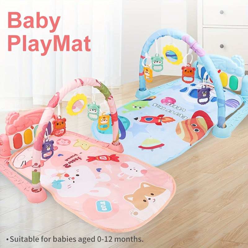 Multifunctional Baby Play Mat with Fitness Gym, Newborn Activity Playmat with Hanging Rattles, Music Box, Kick n Play Piano, Light-Up Keys, Animal & Space Theme, Non-Toxic Plastic, 0-3 Years