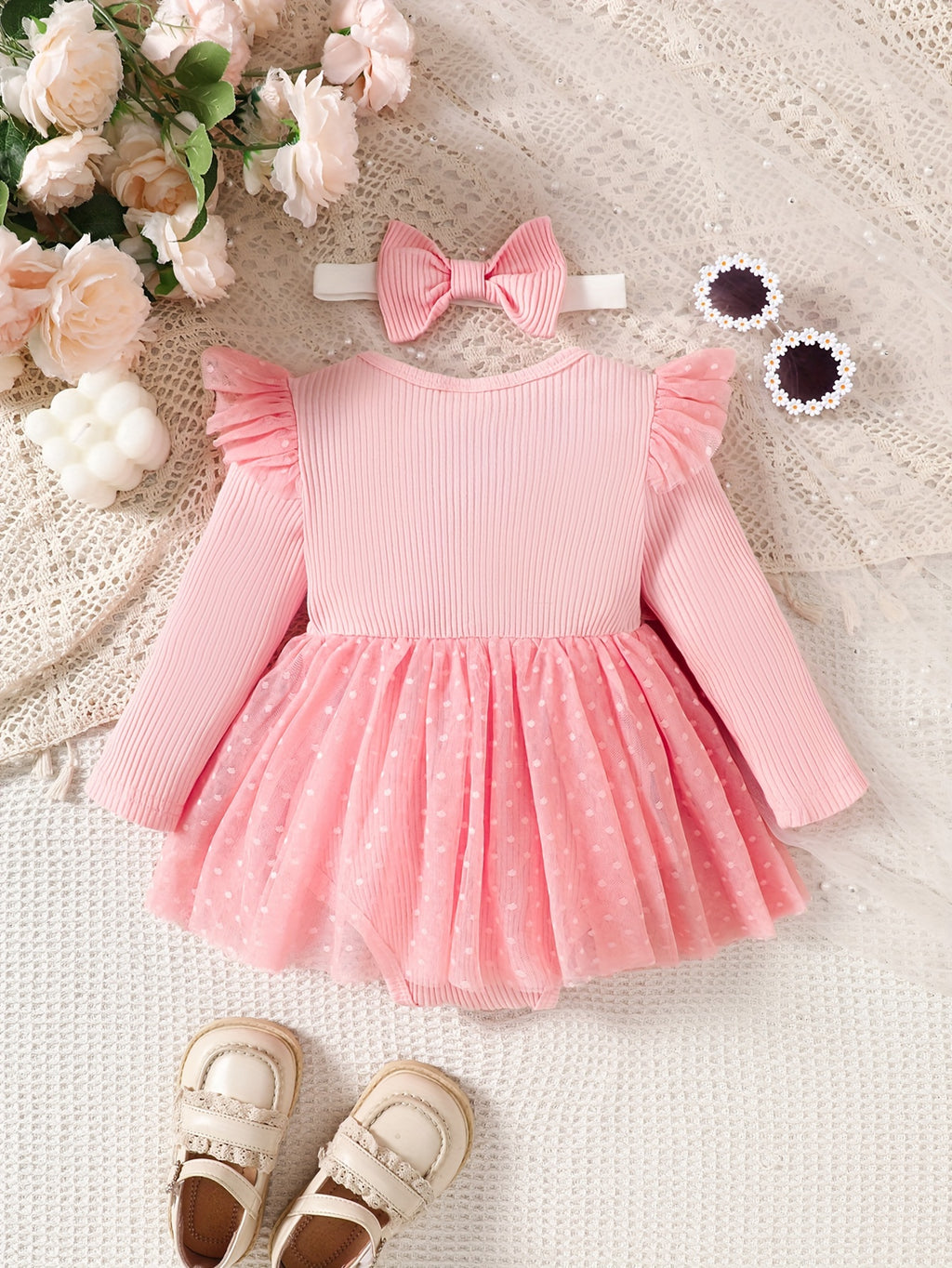 Infant Girls' Spring/Autumn Cotton Ribbed Tulle Dress with 3D Floral Appliques, Sweet Style, Solid Color, Slim Fit, Knit Fabric, with Matching Headband - Baby Outfit, For Outdoor