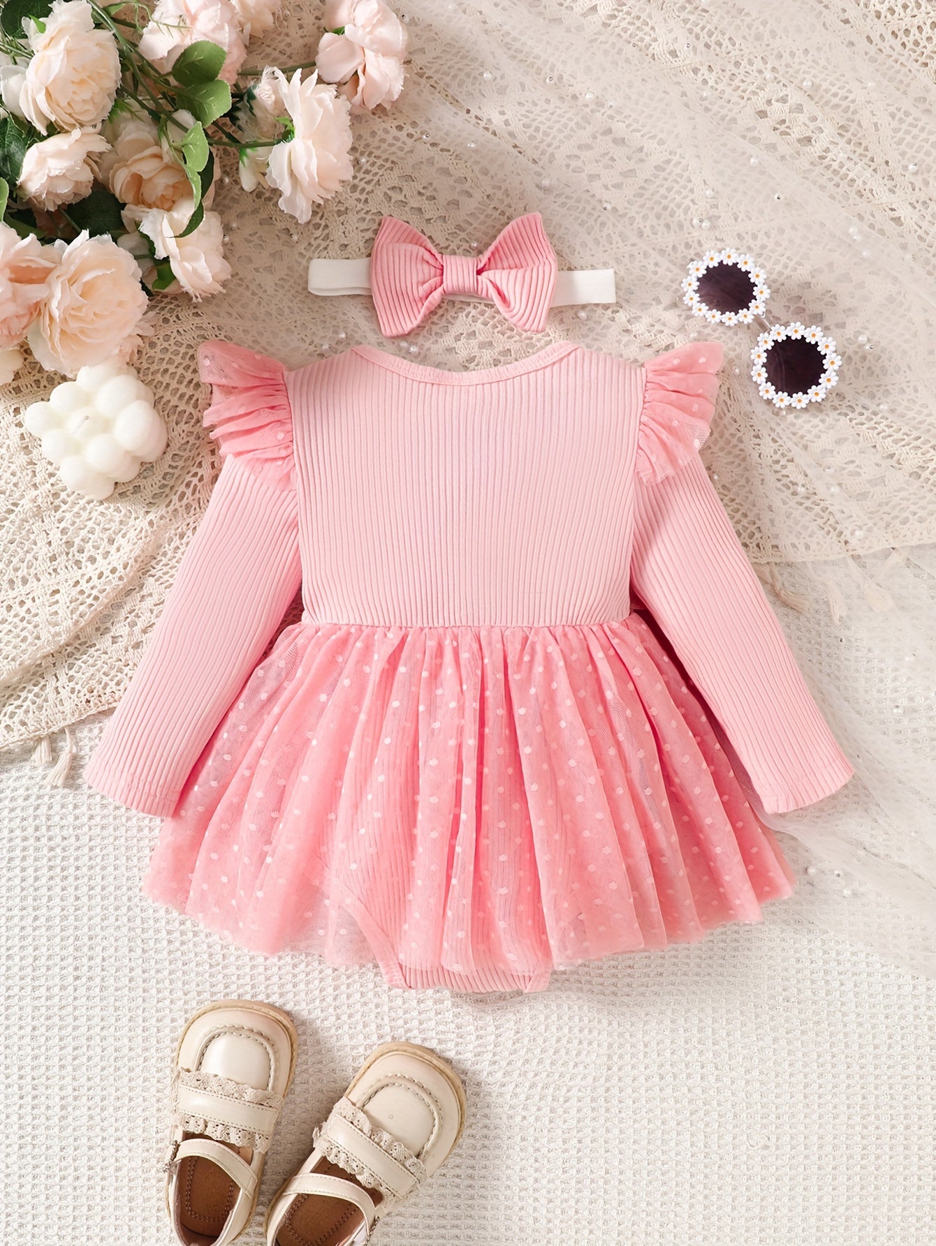 Infant Girls' Spring/Autumn Cotton Ribbed Tulle Dress with 3D Floral Appliques, Sweet Style, Solid Color, Slim Fit, Knit Fabric, with Matching Headband - Baby Outfit, For Outdoor