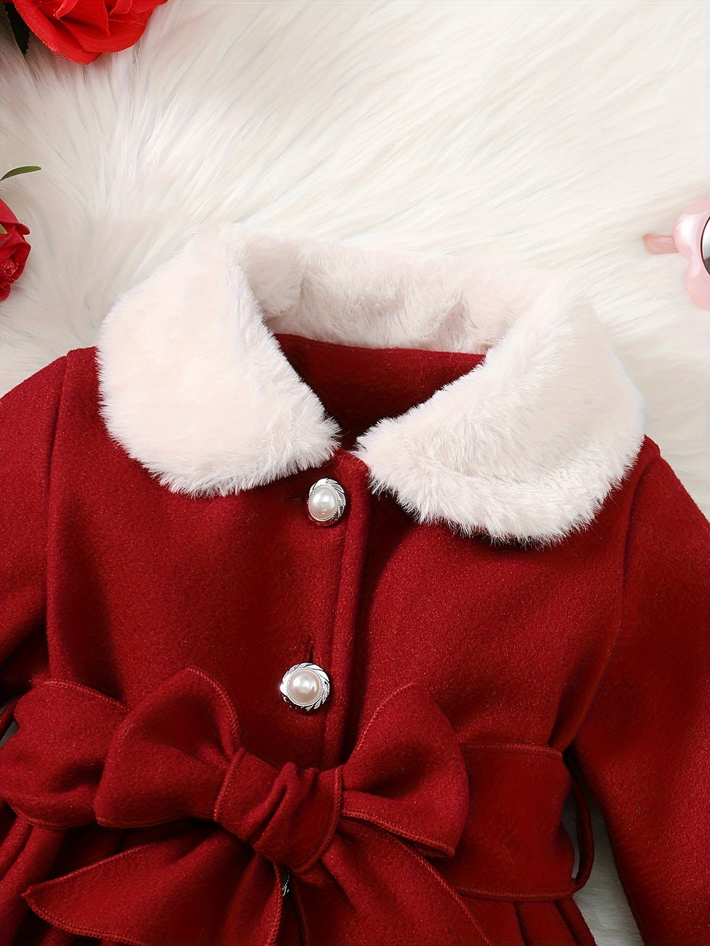 Baby's Elegant Fuzzy Collar Belted Coat, Button Front Warm Overcoat, Baby Girl's Clothing For Fall Winter Outdoor