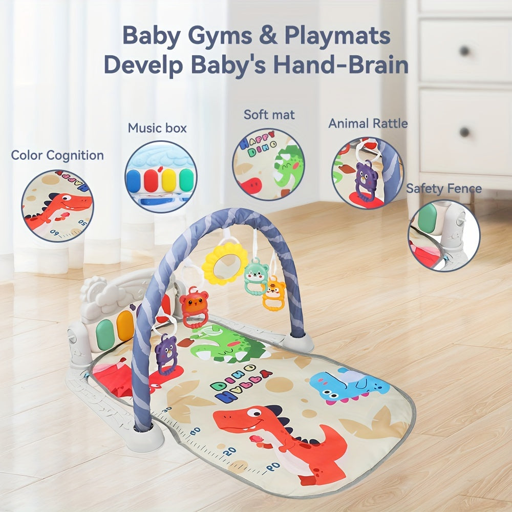 Multifunctional Baby Play Mat with Fitness Gym, Newborn Activity Playmat with Hanging Rattles, Music Box, Kick n Play Piano, Light-Up Keys, Animal & Space Theme, Non-Toxic Plastic, 0-3 Years