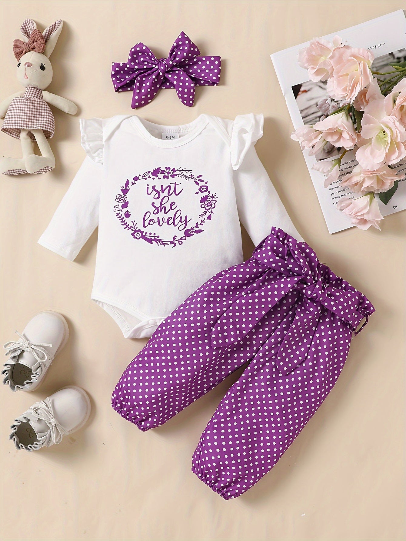 2pcs Baby Girl's Stylish Set, "Isn't She Lovely" Print Long Sleeve Onesie + Polka Dot Pants, Comfy Trendy Outfit Outdoor Clothing