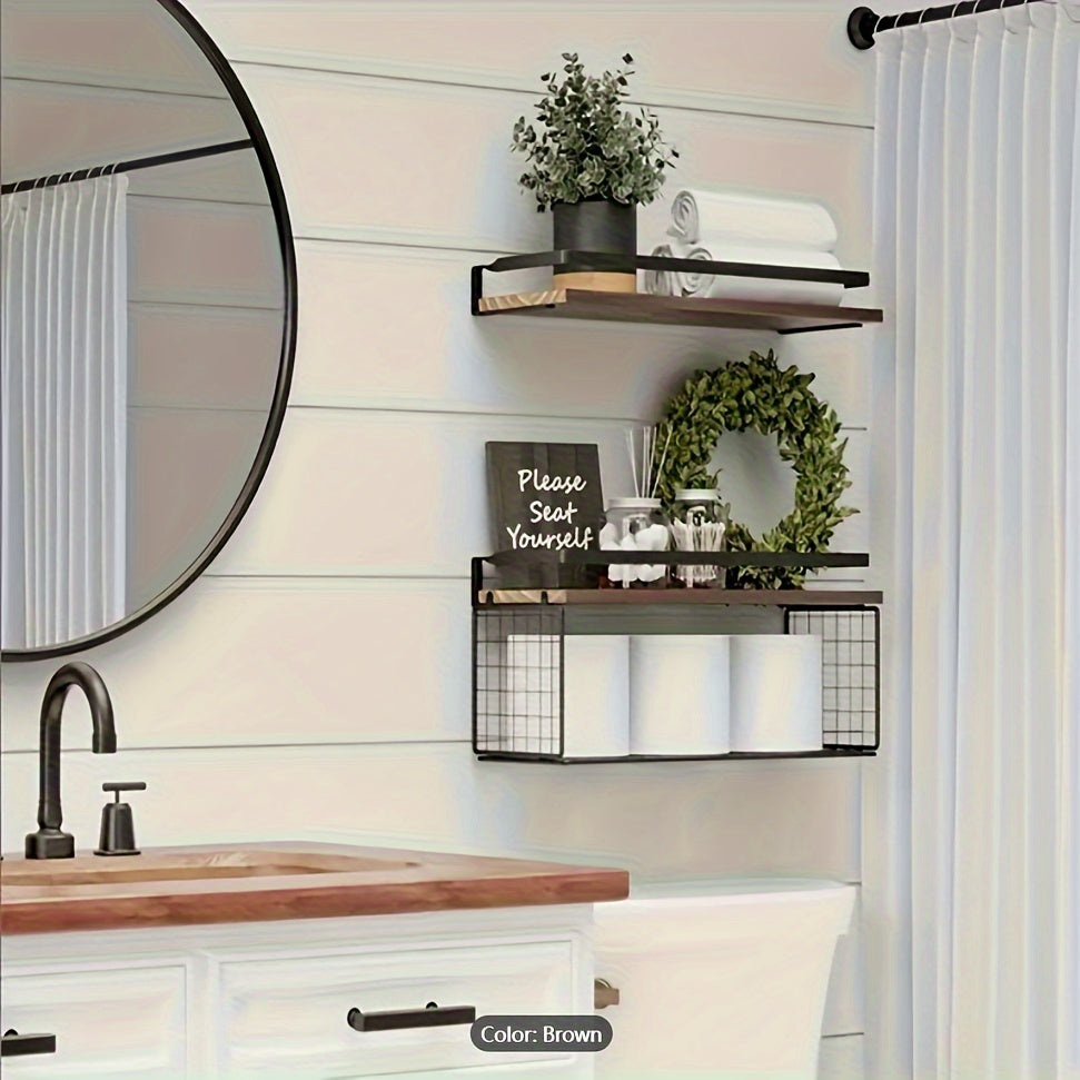 3pcs/set Wooden Floating Storage Rack, Wall-mounted Bathroom Partition Storage Shelves with Tissue Basket, Toilet Paper Iron Storage Basket, Home Organization and Storage Supplies, Bathroom Accessories