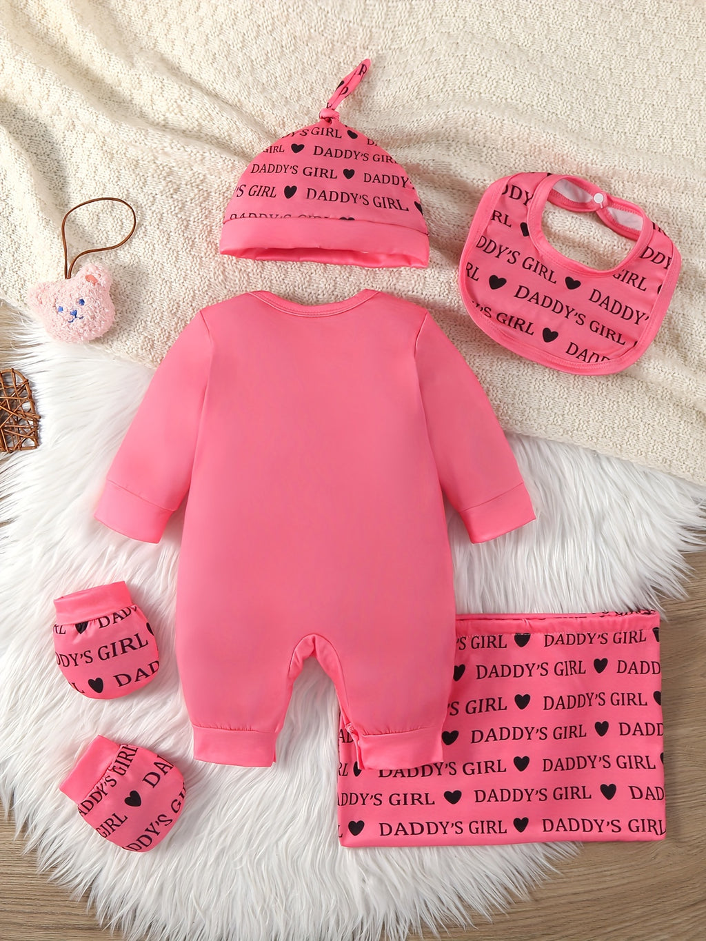 Baby Girl 6pcs Set with Cartoon Cute Letter Pink Clothes Leopard Print Bodysuit, Matching Hat, Pacifier, and Socks, Casual Jumpsuit, Adorable Pink Letter Leopard Pattern, Perfect for Fall/Winter, Baby Girl Clothes, Baby Girl