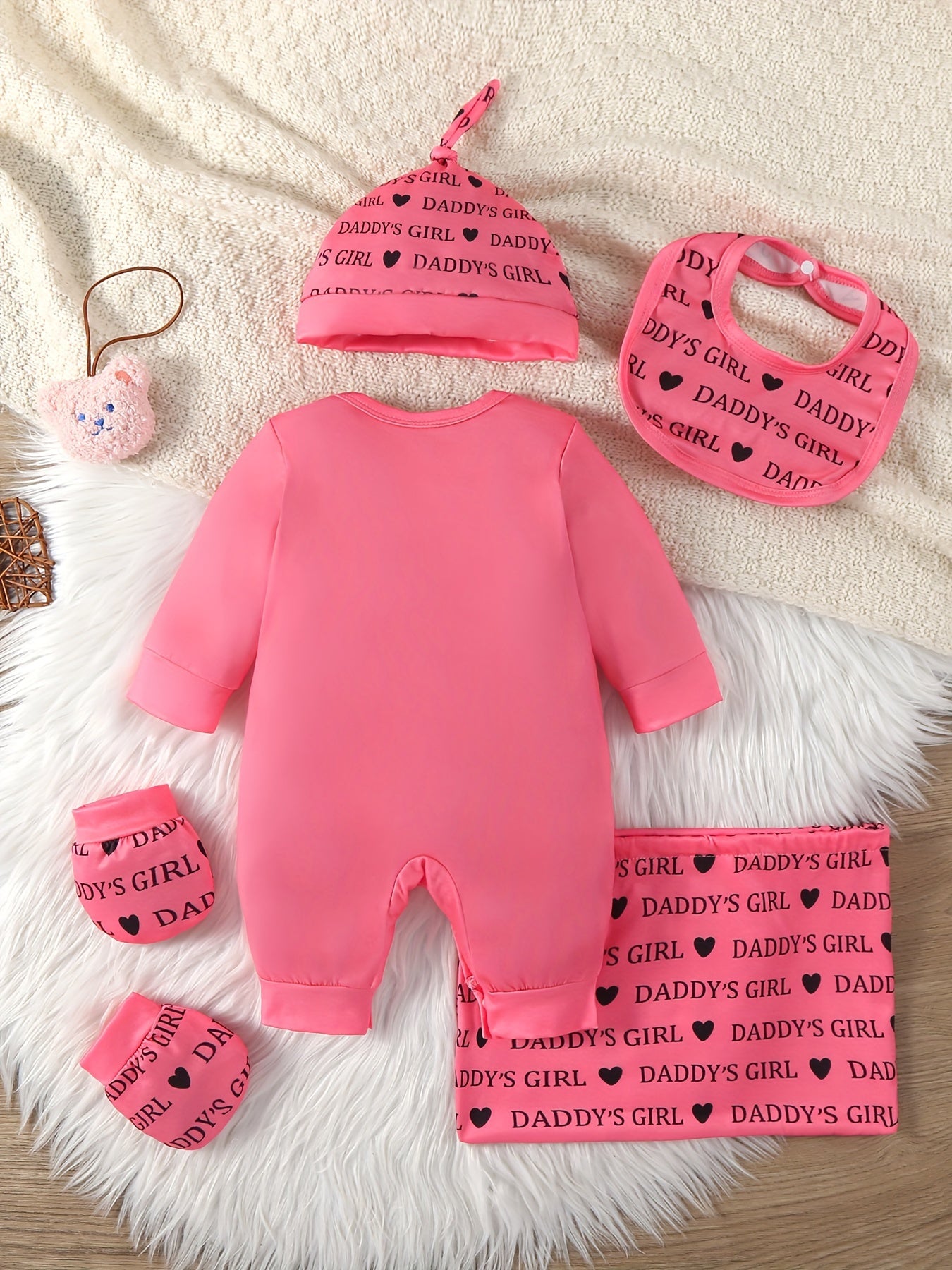 Baby Girl 6pcs Set with Cartoon Cute Letter Pink Clothes Leopard Print Bodysuit, Matching Hat, Pacifier, and Socks, Casual Jumpsuit, Adorable Pink Letter Leopard Pattern, Perfect for Fall/Winter, Baby Girl Clothes, Baby Girl