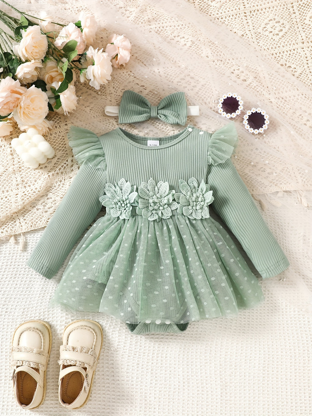 Infant Girls' Spring/Autumn Cotton Ribbed Tulle Dress with 3D Floral Appliques, Sweet Style, Solid Color, Slim Fit, Knit Fabric, with Matching Headband - Baby Outfit, For Outdoor