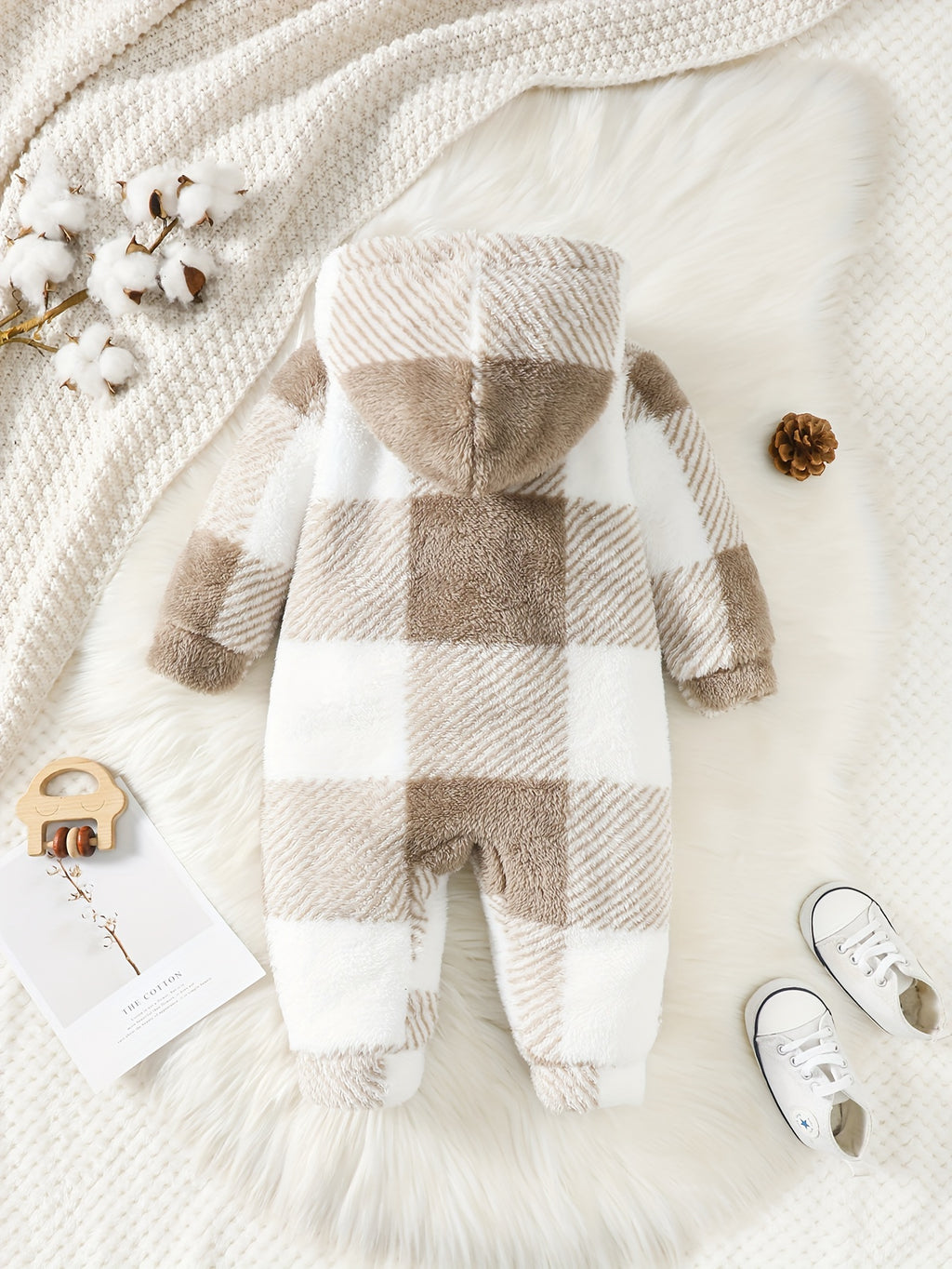 Baby Boy Autumn And Winter Style Fluffy Plaid Pocket Cute Long Sleeve Jumpsuit, For Outdoor