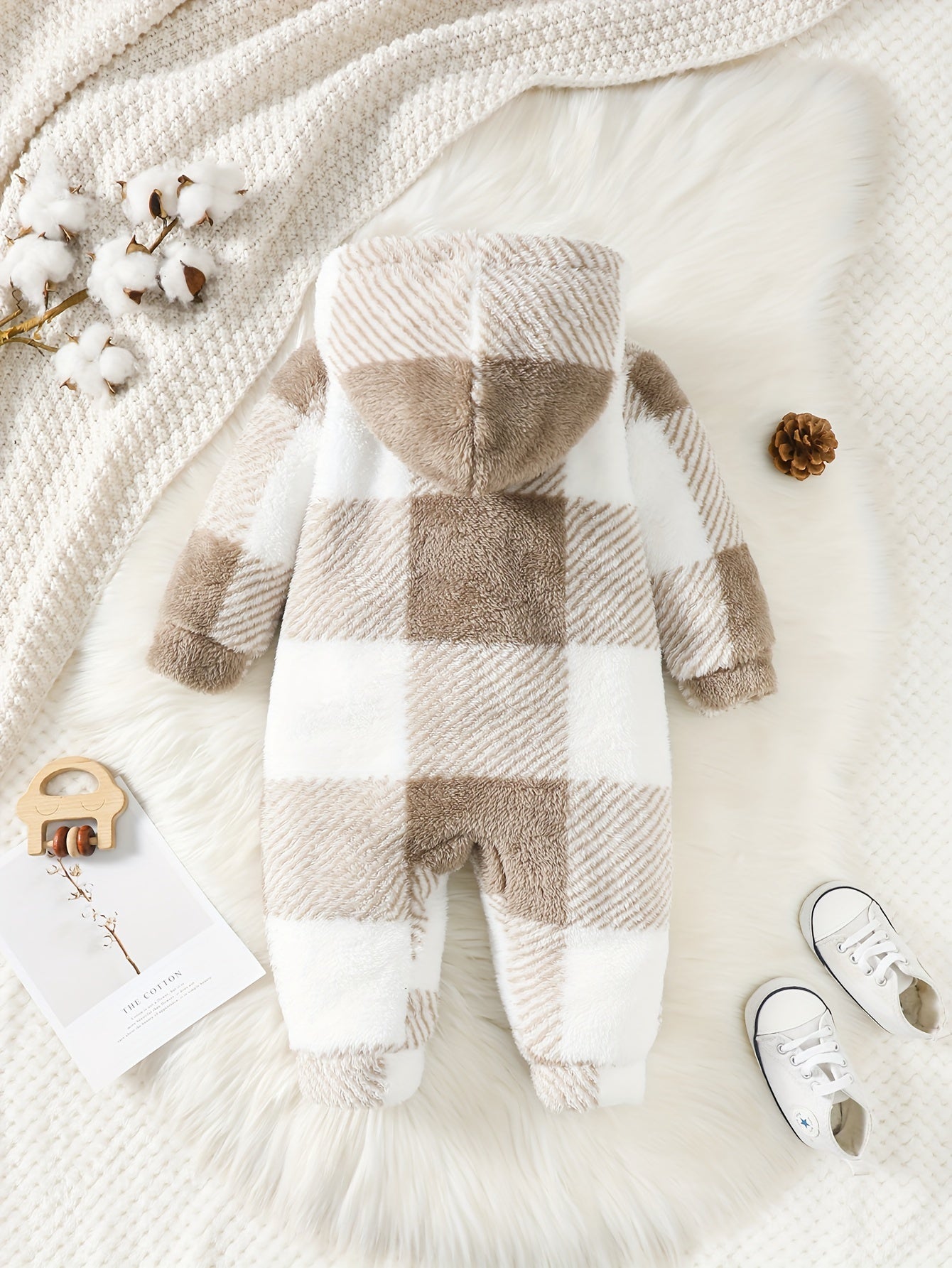 Baby Boy Autumn And Winter Style Fluffy Plaid Pocket Cute Long Sleeve Jumpsuit, For Outdoor