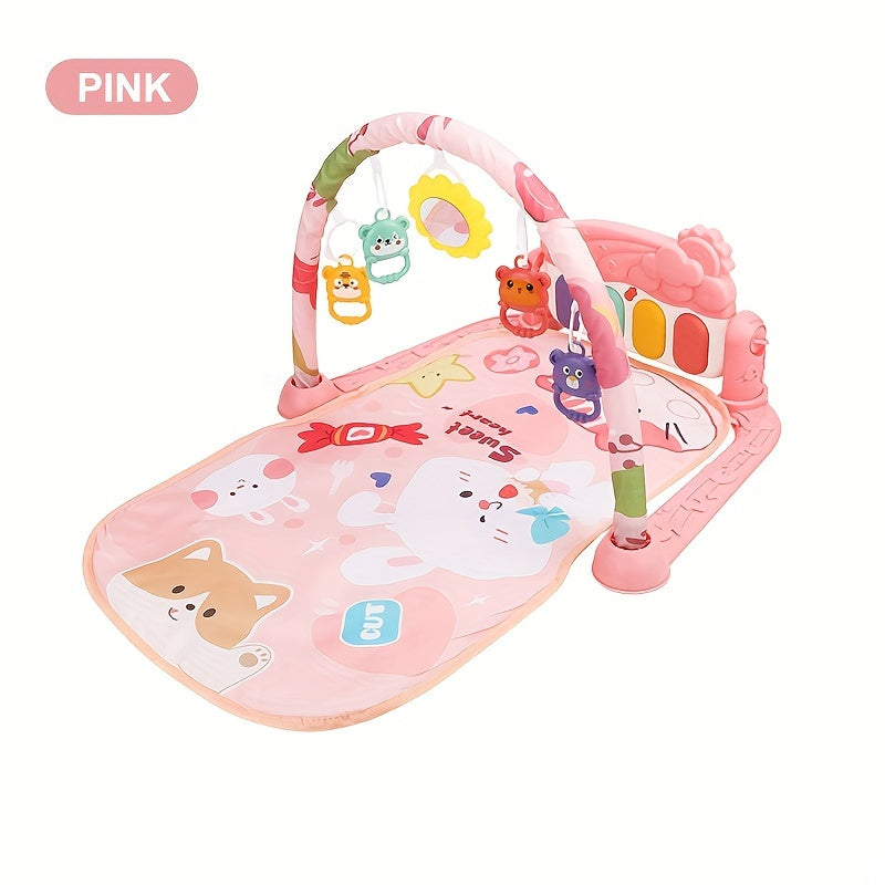 Multifunctional Baby Play Mat with Fitness Gym, Newborn Activity Playmat with Hanging Rattles, Music Box, Kick n Play Piano, Light-Up Keys, Animal & Space Theme, Non-Toxic Plastic, 0-3 Years