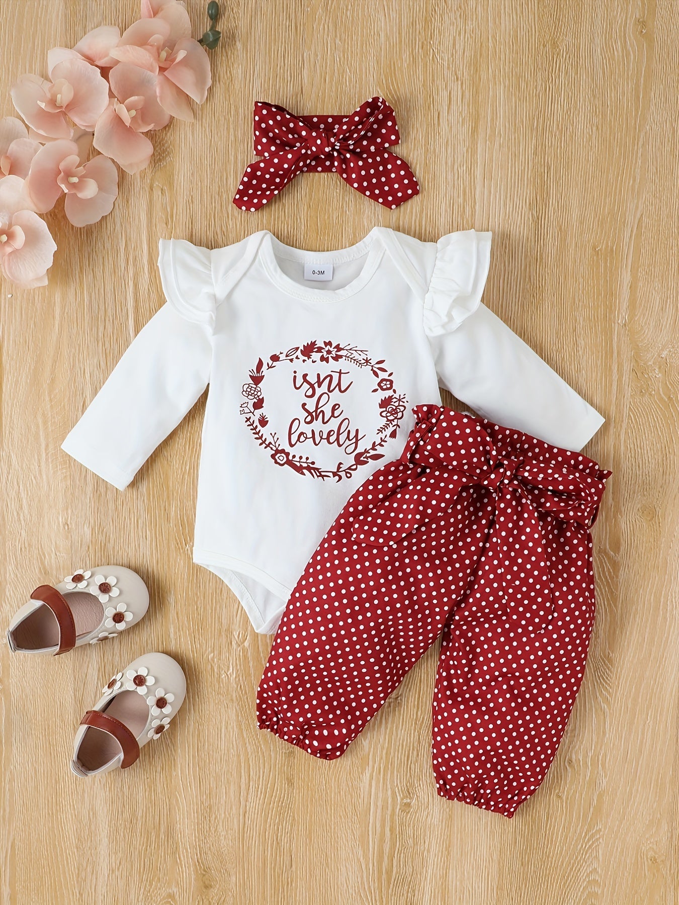 2pcs Baby Girl's Stylish Set, "Isn't She Lovely" Print Long Sleeve Onesie + Polka Dot Pants, Comfy Trendy Outfit Outdoor Clothing