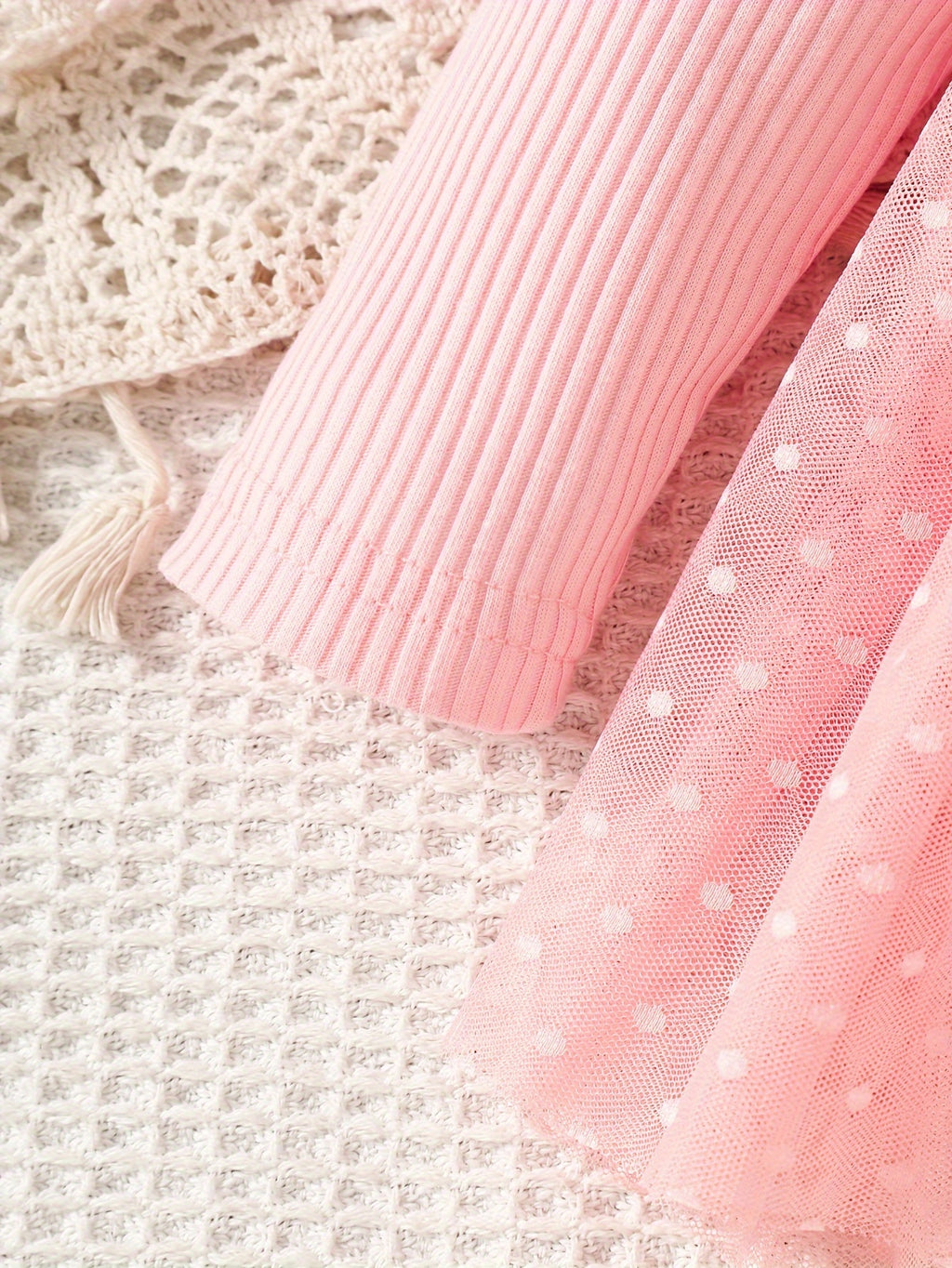 Infant Girls' Spring/Autumn Cotton Ribbed Tulle Dress with 3D Floral Appliques, Sweet Style, Solid Color, Slim Fit, Knit Fabric, with Matching Headband - Baby Outfit, For Outdoor