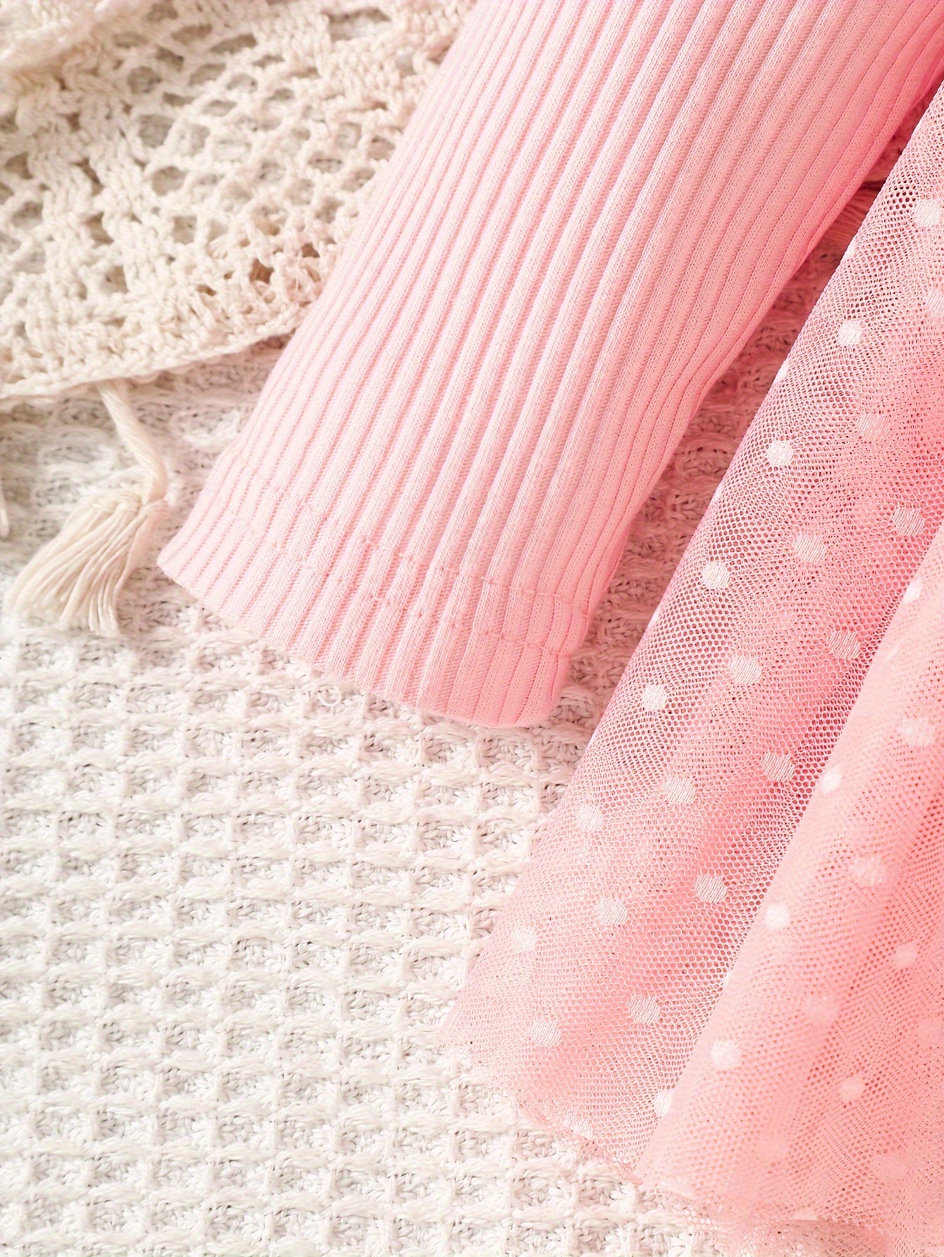 Infant Girls' Spring/Autumn Cotton Ribbed Tulle Dress with 3D Floral Appliques, Sweet Style, Solid Color, Slim Fit, Knit Fabric, with Matching Headband - Baby Outfit, For Outdoor