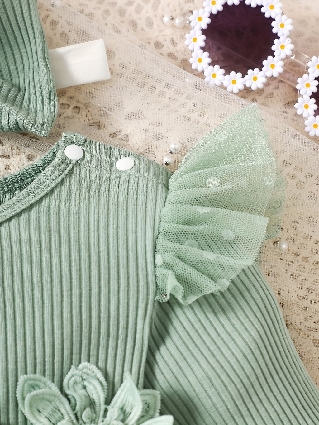 Infant Girls' Spring/Autumn Cotton Ribbed Tulle Dress with 3D Floral Appliques, Sweet Style, Solid Color, Slim Fit, Knit Fabric, with Matching Headband - Baby Outfit, For Outdoor