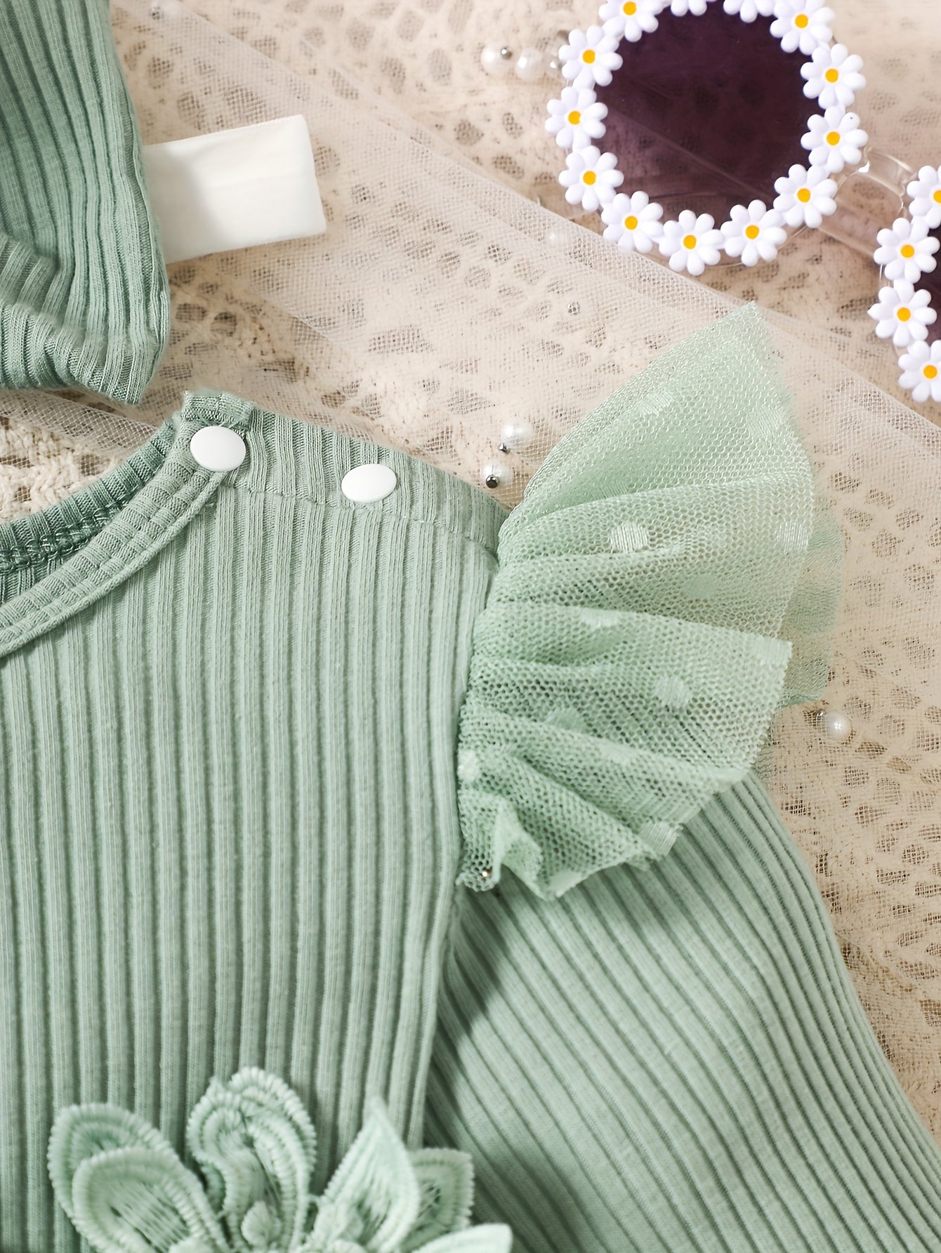 Infant Girls' Spring/Autumn Cotton Ribbed Tulle Dress with 3D Floral Appliques, Sweet Style, Solid Color, Slim Fit, Knit Fabric, with Matching Headband - Baby Outfit, For Outdoor