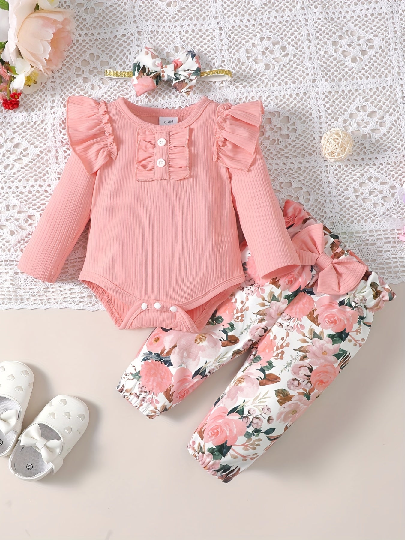 Cute Baby 3pcs Outfits - Floral/leopard Pants & Ruffle Long Sleeve Infant Romper & Headband Set Outdoor Set