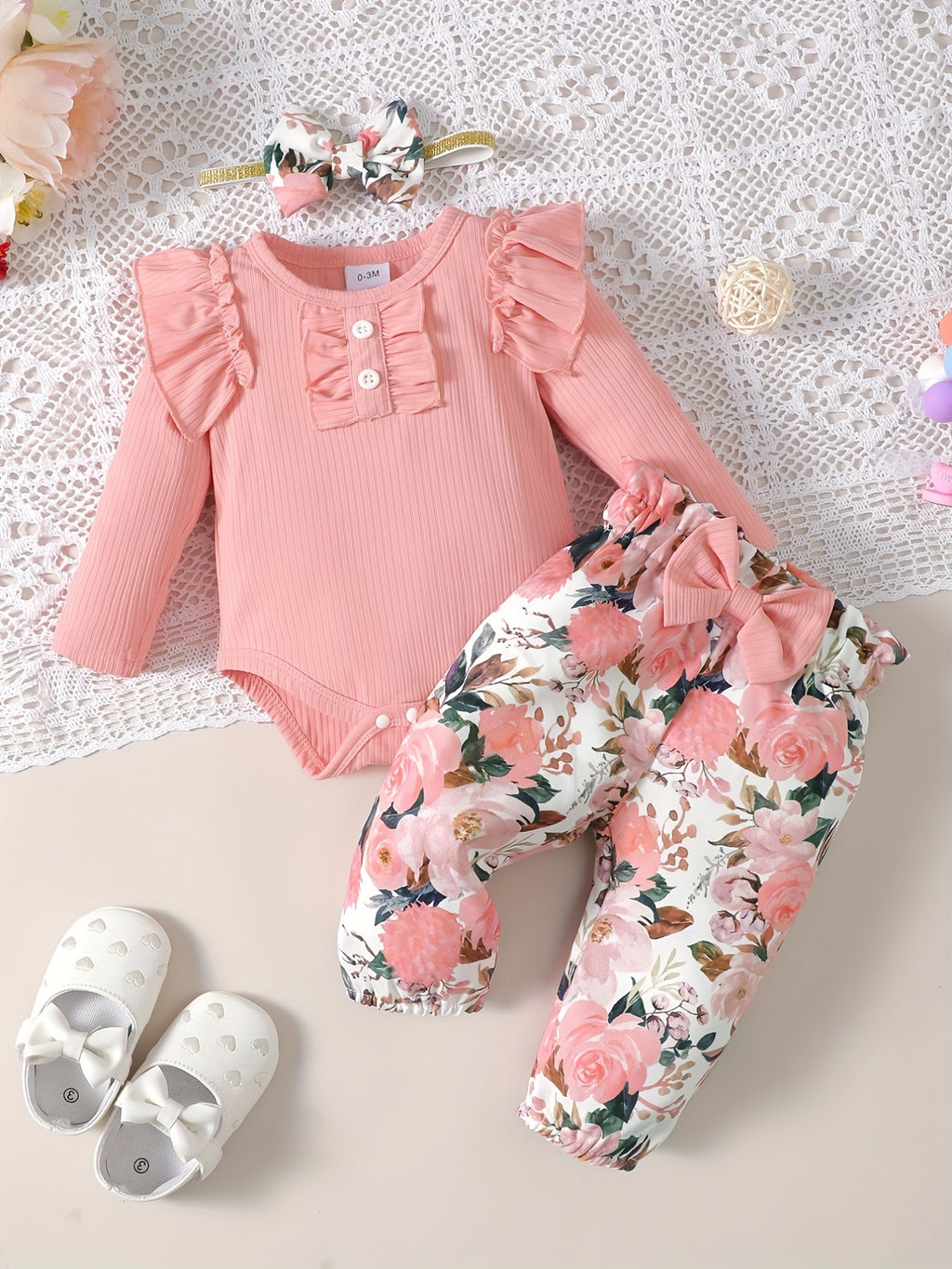 Cute Baby 3pcs Outfits - Floral/leopard Pants & Ruffle Long Sleeve Infant Romper & Headband Set Outdoor Set