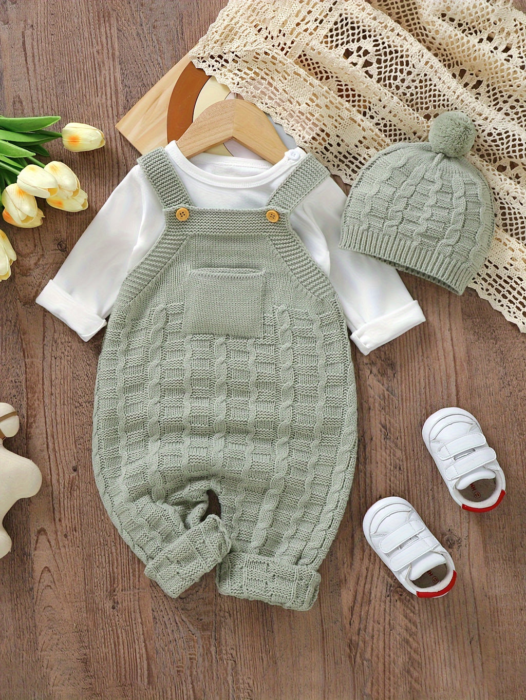 Infant Baby Wool Knitted Suspender Jumpsuit, Long Legs Climbing Suit With Hat Set Without Lining