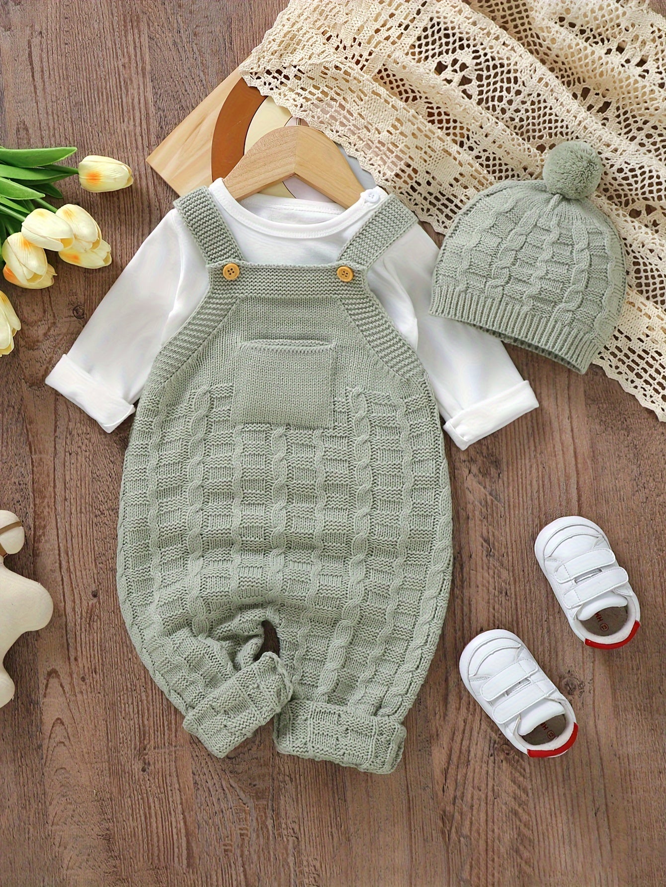 Infant Baby Wool Knitted Suspender Jumpsuit, Long Legs Climbing Suit With Hat Set Without Lining