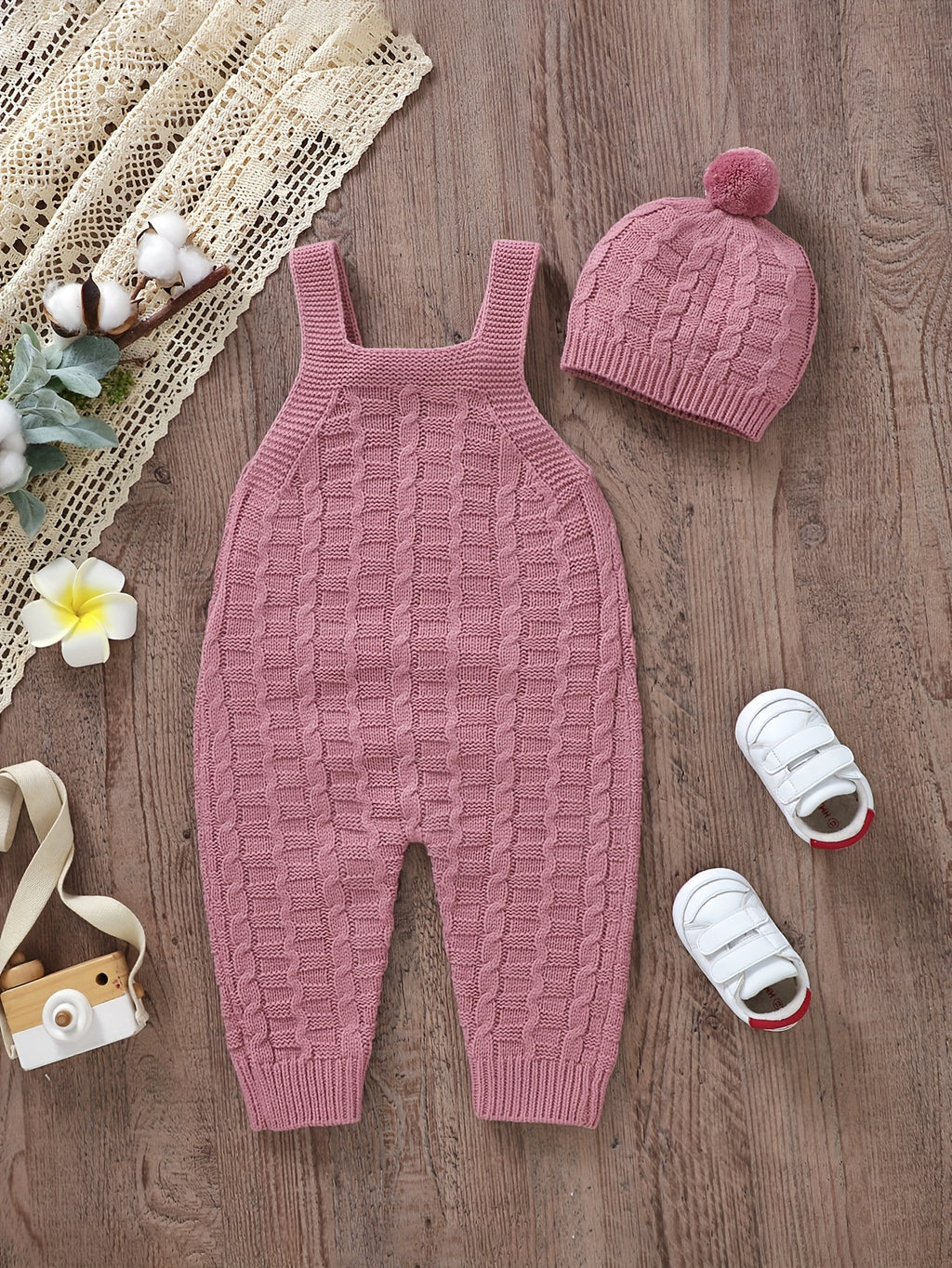 Infant Baby Wool Knitted Suspender Jumpsuit, Long Legs Climbing Suit With Hat Set Without Lining